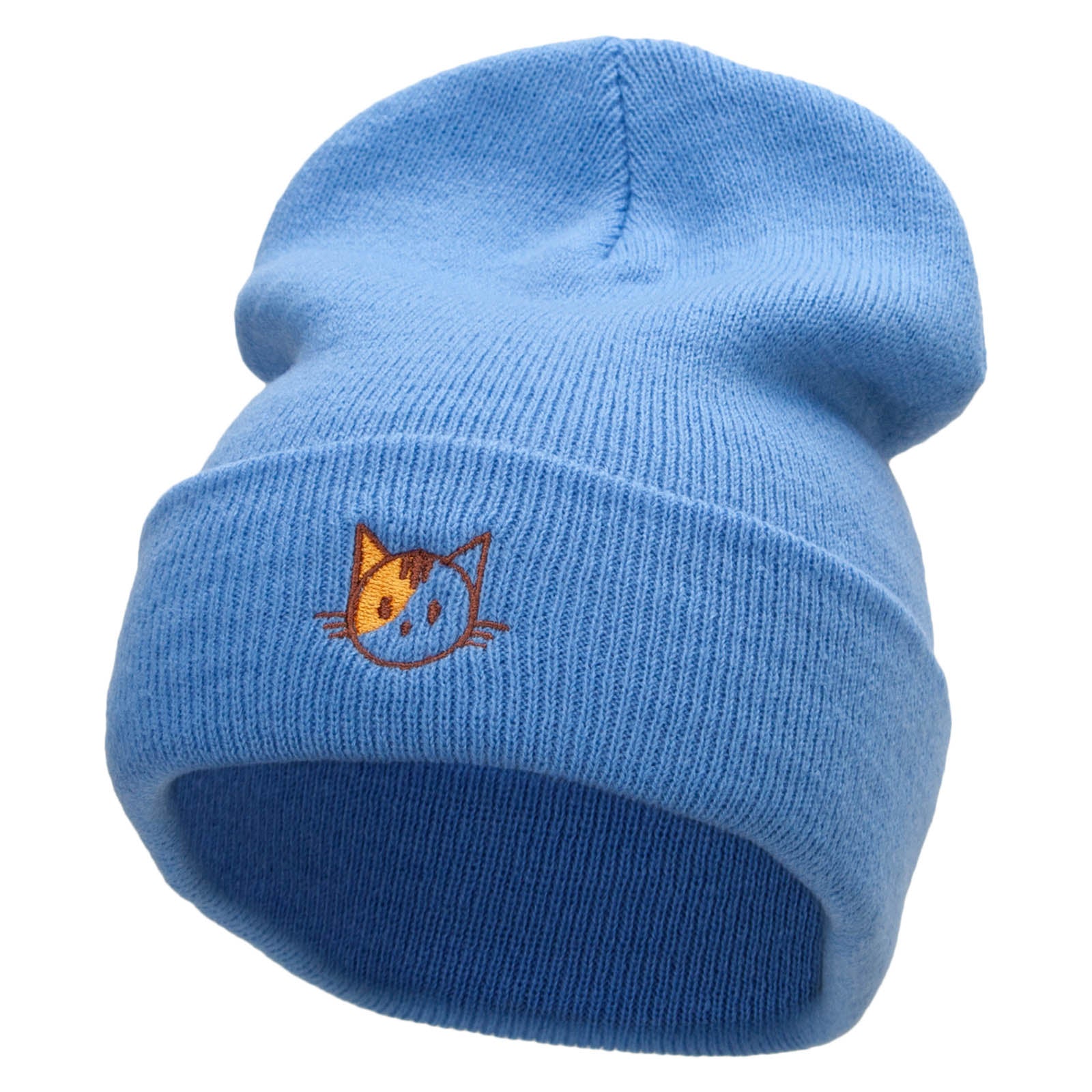 Spotted Cat Embroidered 12 Inch Long Knitted Beanie - Sky Blue OSFM