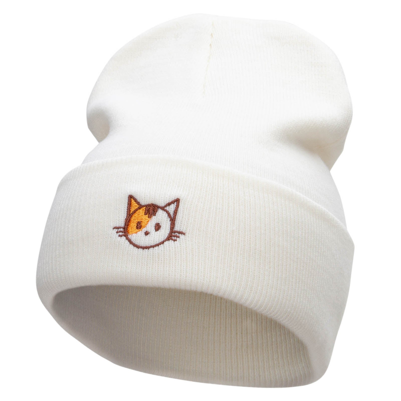 Spotted Cat Embroidered 12 Inch Long Knitted Beanie - White OSFM