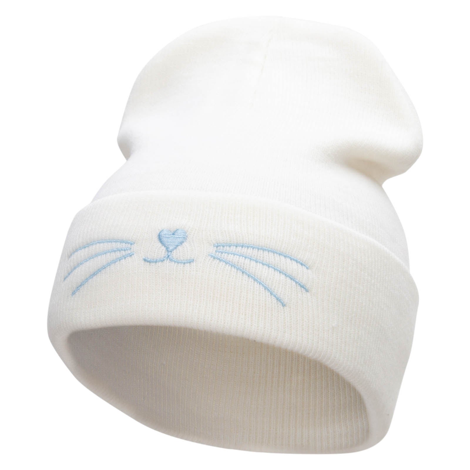 Kitty Cat Embroidered 12 Inch Long Knitted Beanie - White OSFM