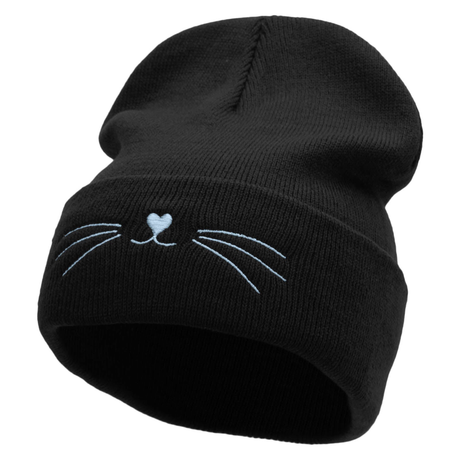 Kitty Cat Embroidered 12 Inch Long Knitted Beanie - Black OSFM