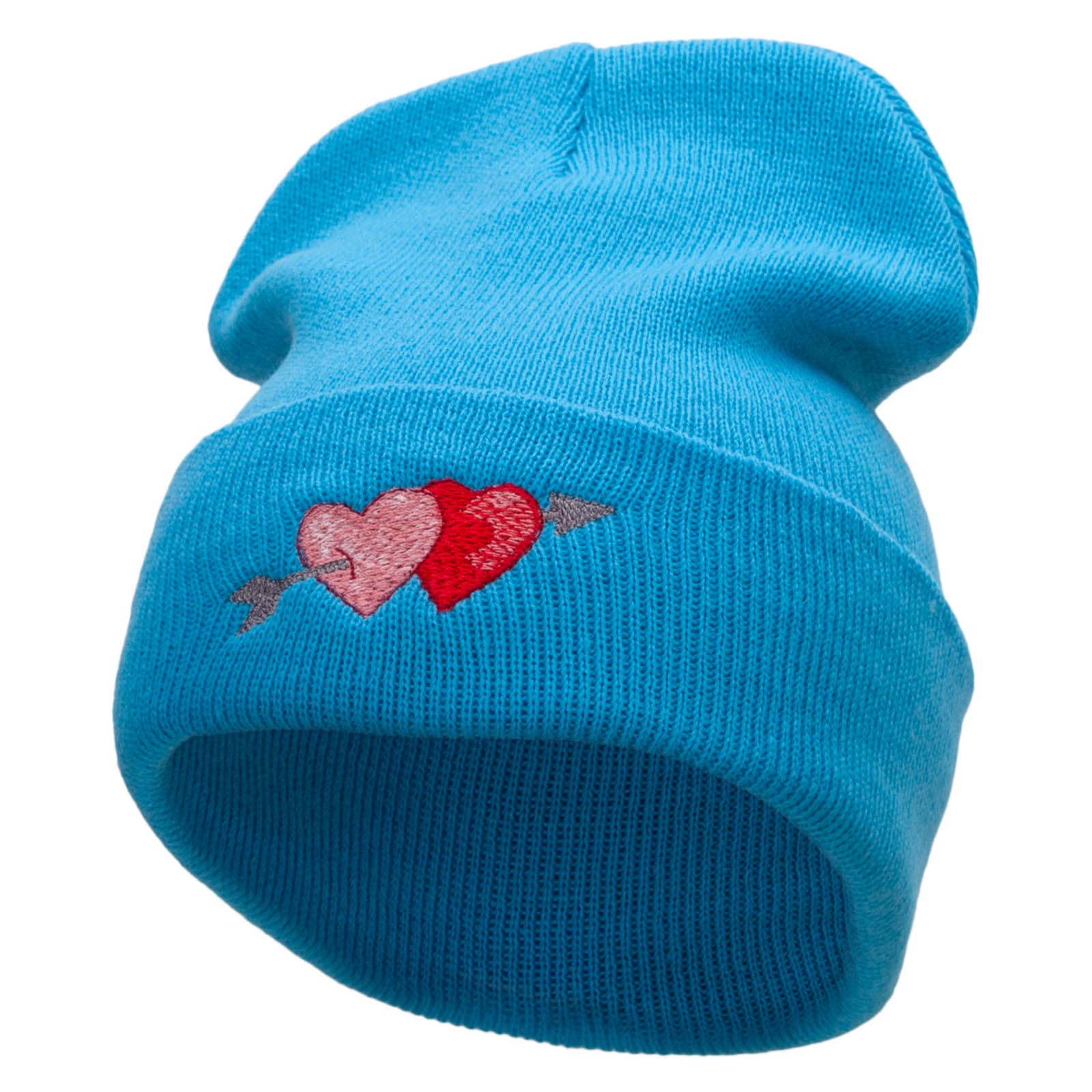 Arrow and Heart Embroidered 12 Inch Solid Long Beanie Made in USA - Aqua OSFM