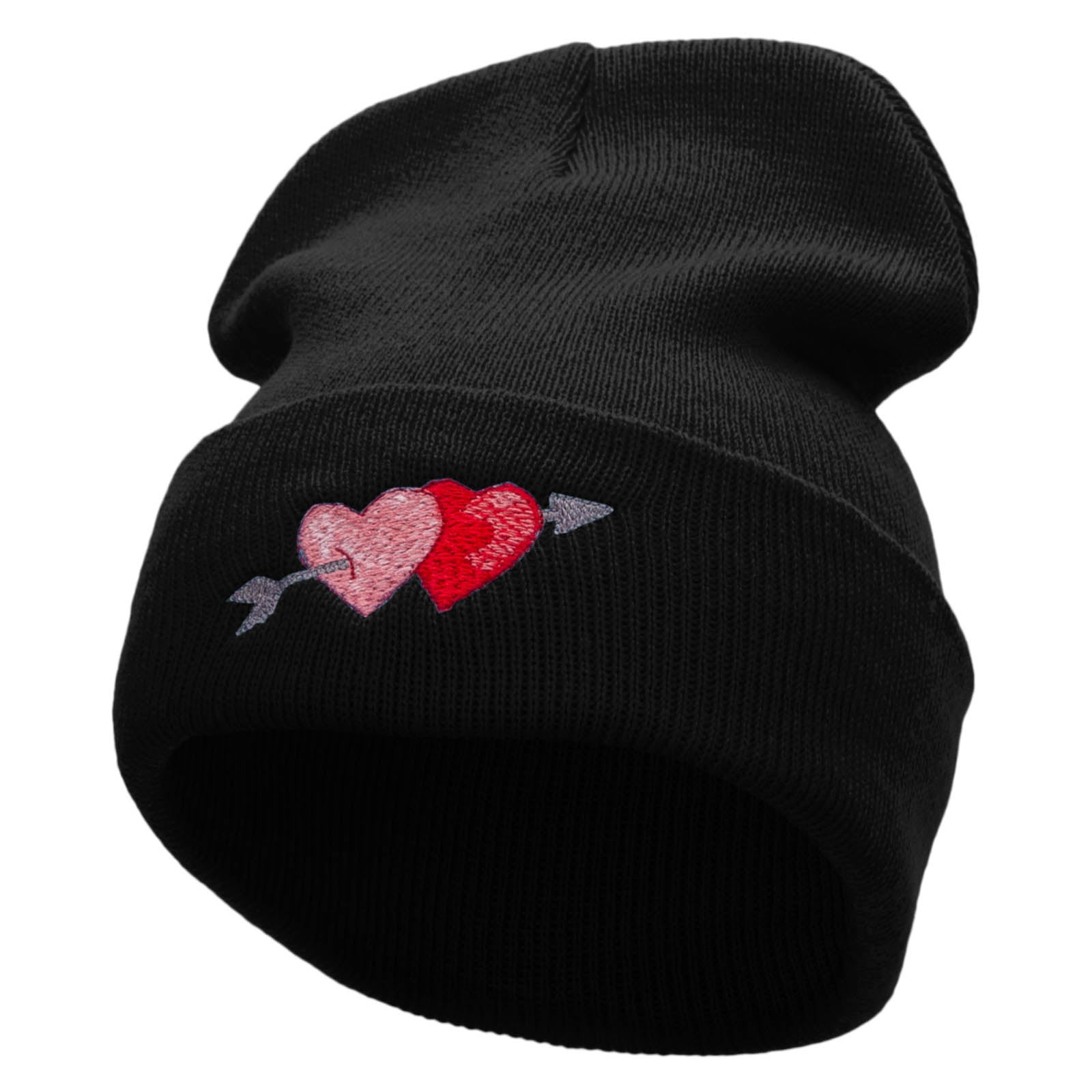 Arrow and Heart Embroidered 12 Inch Solid Long Beanie Made in USA - Black OSFM