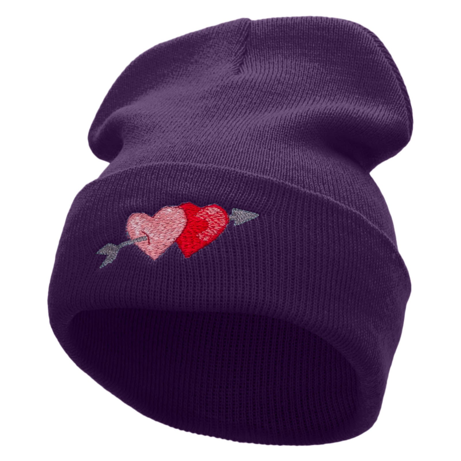 Arrow and Heart Embroidered 12 Inch Solid Long Beanie Made in USA - Purple OSFM