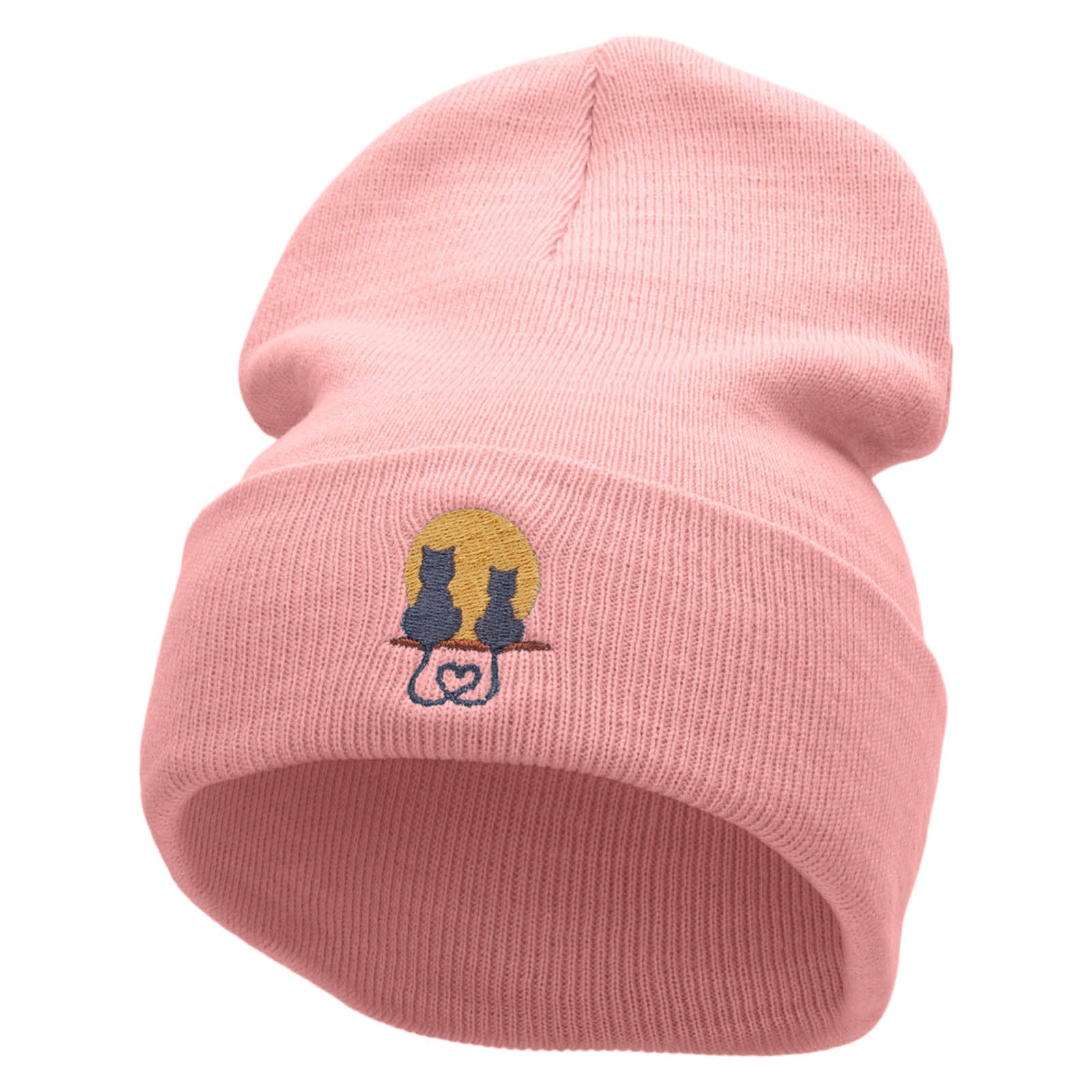 Cat Love Embroidered 12 inch Acrylic Cuffed Long Beanie - Pink OSFM