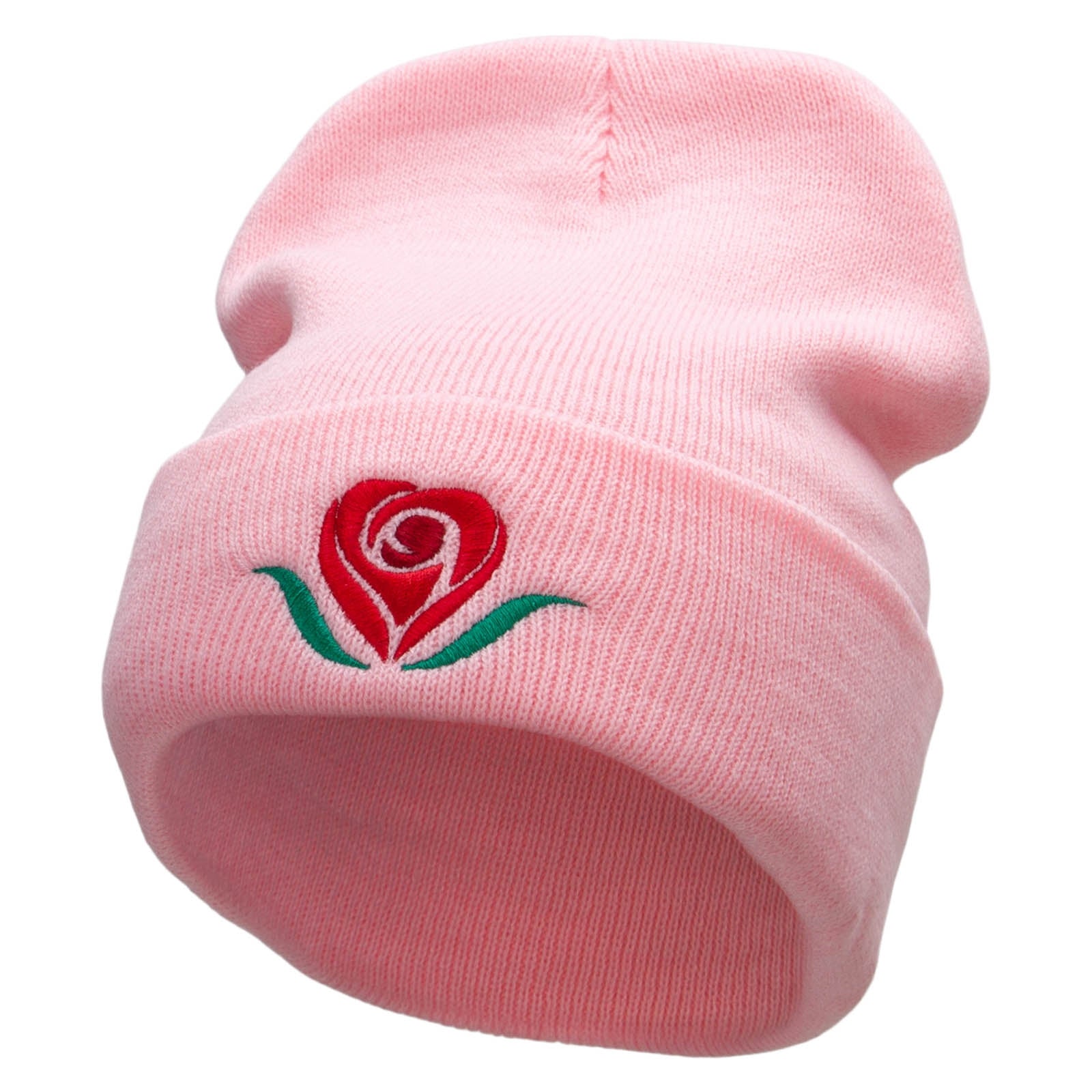Rosey Heart Symbol Embroidered 12 inch Acrylic Cuffed Long Beanie - Pink OSFM