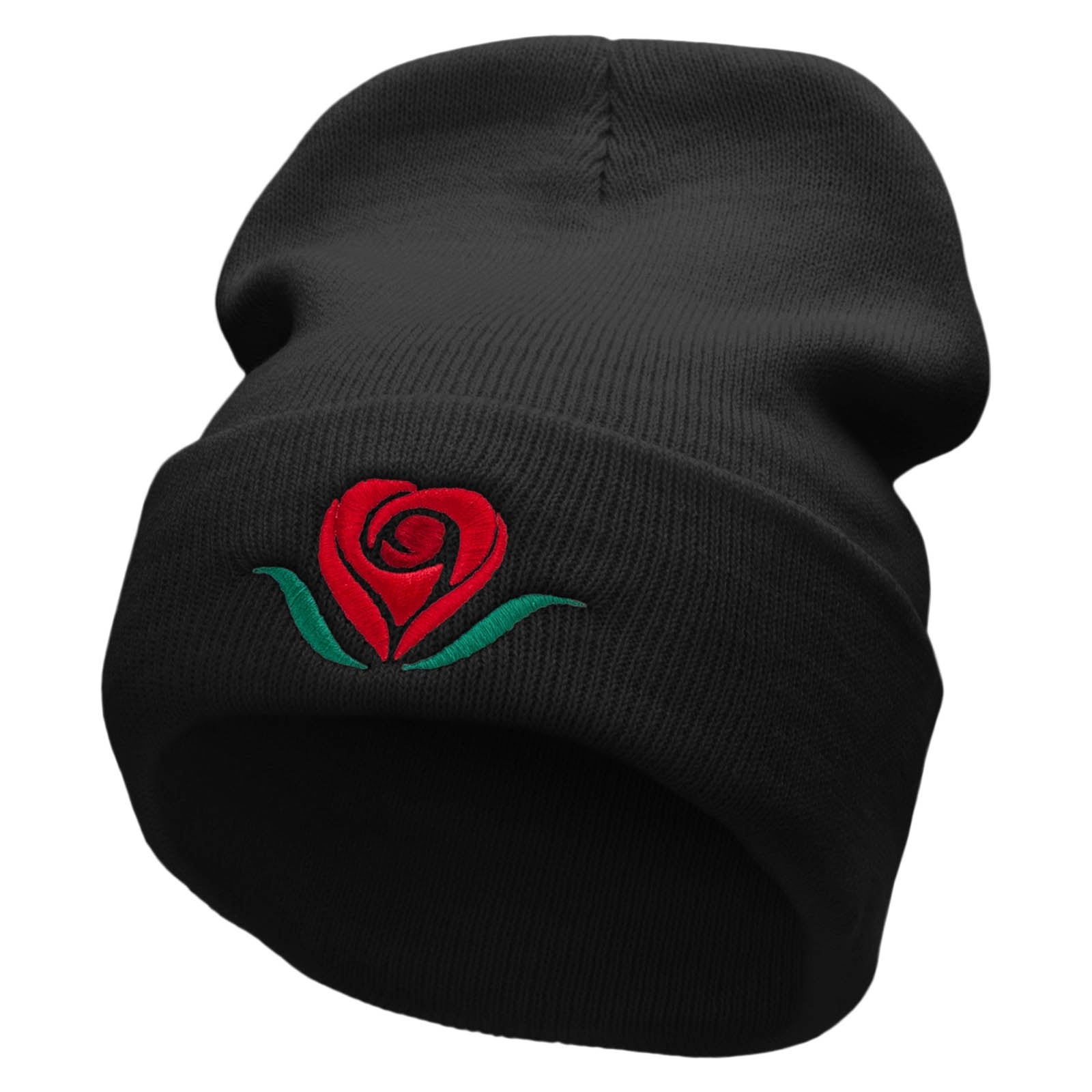 Rosey Heart Symbol Embroidered 12 inch Acrylic Cuffed Long Beanie - Black OSFM