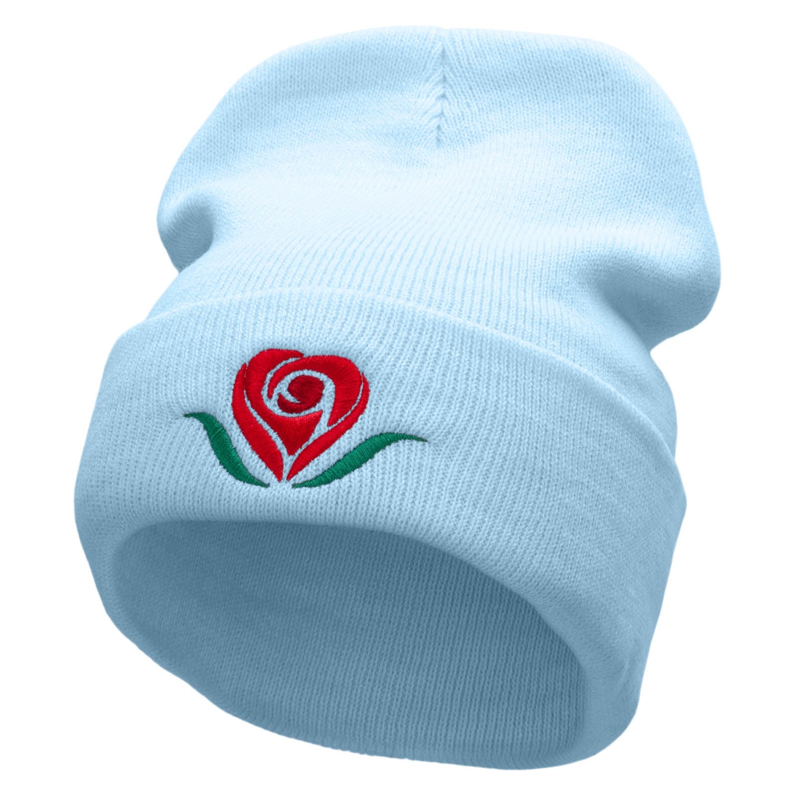 Rosey Heart Symbol Embroidered 12 inch Acrylic Cuffed Long Beanie - Lt Blue OSFM