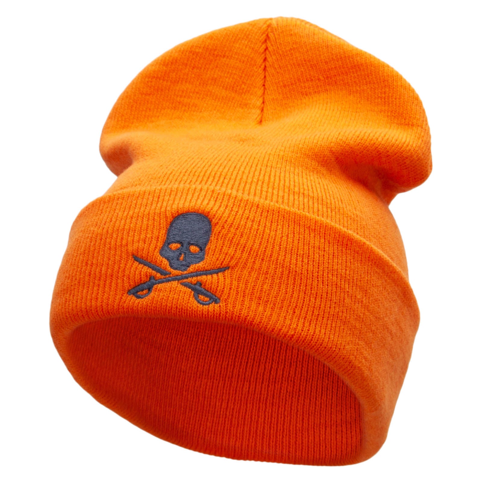 Skull And Sword Embroidered 12 Inch Long Knitted Beanie - Orange OSFM