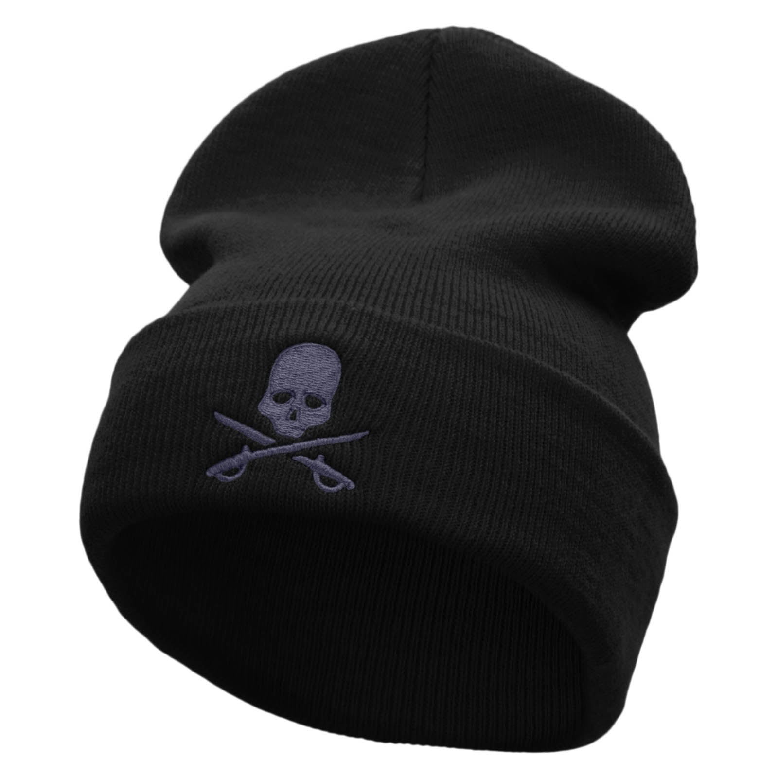 Skull And Sword Embroidered 12 Inch Long Knitted Beanie - Black OSFM