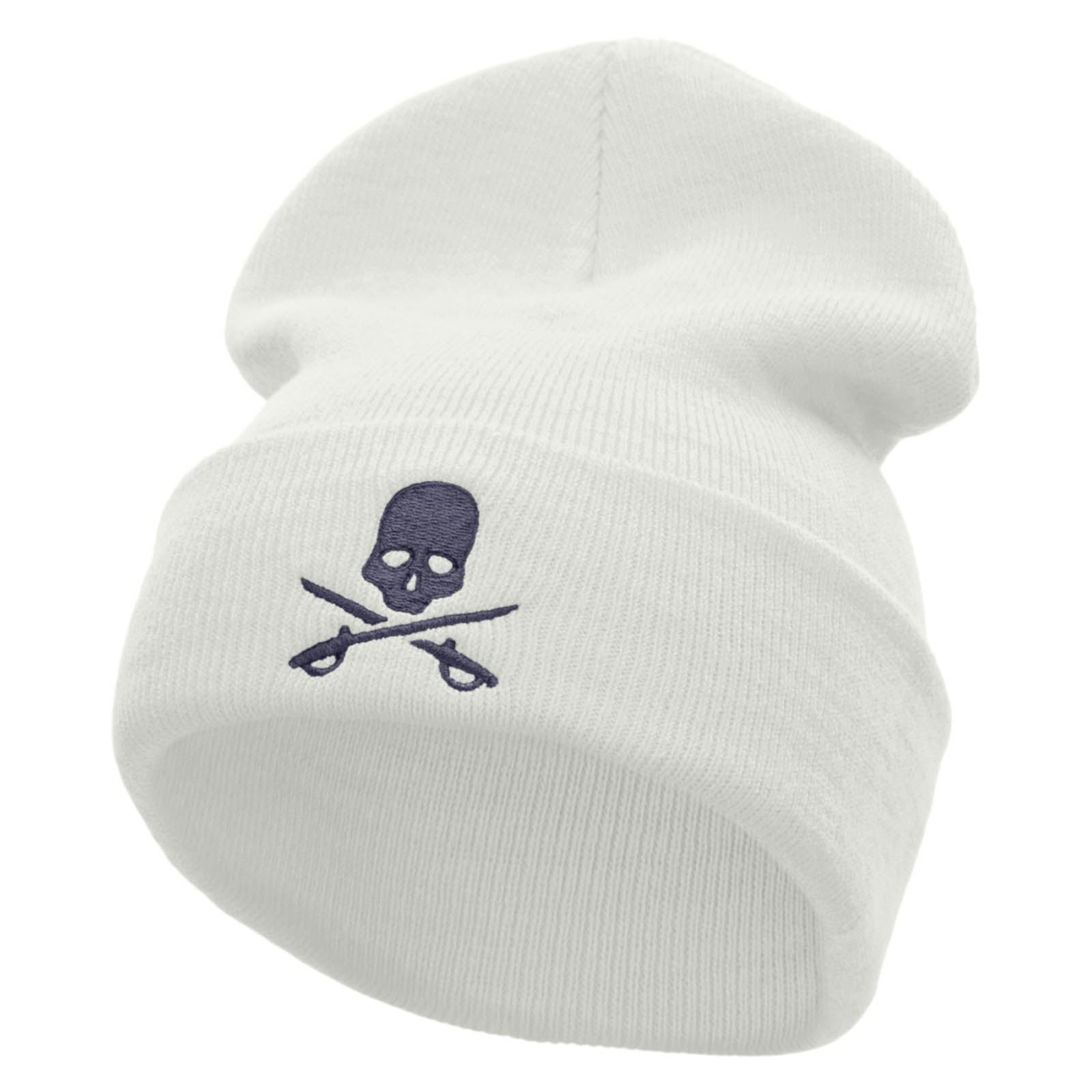 Skull And Sword Embroidered 12 Inch Long Knitted Beanie - White OSFM