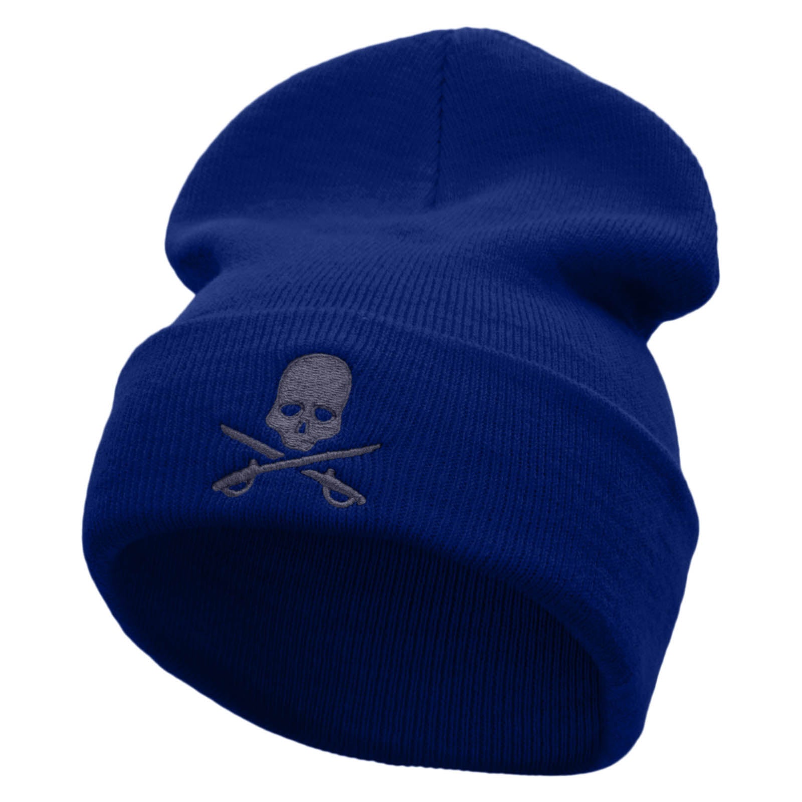 Skull And Sword Embroidered 12 Inch Long Knitted Beanie - Royal OSFM