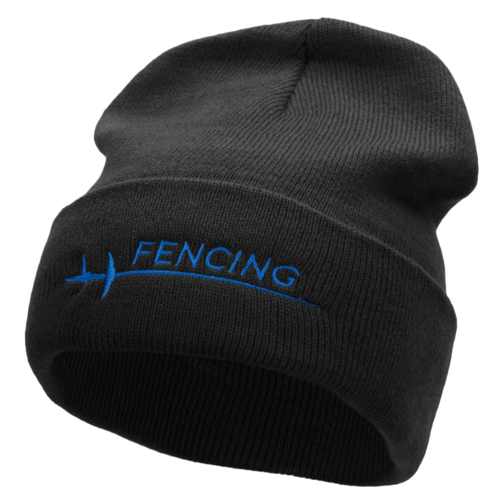 Fencing Foil Embroidered 12 inch Acrylic Cuffed Long Beanie - Black OSFM