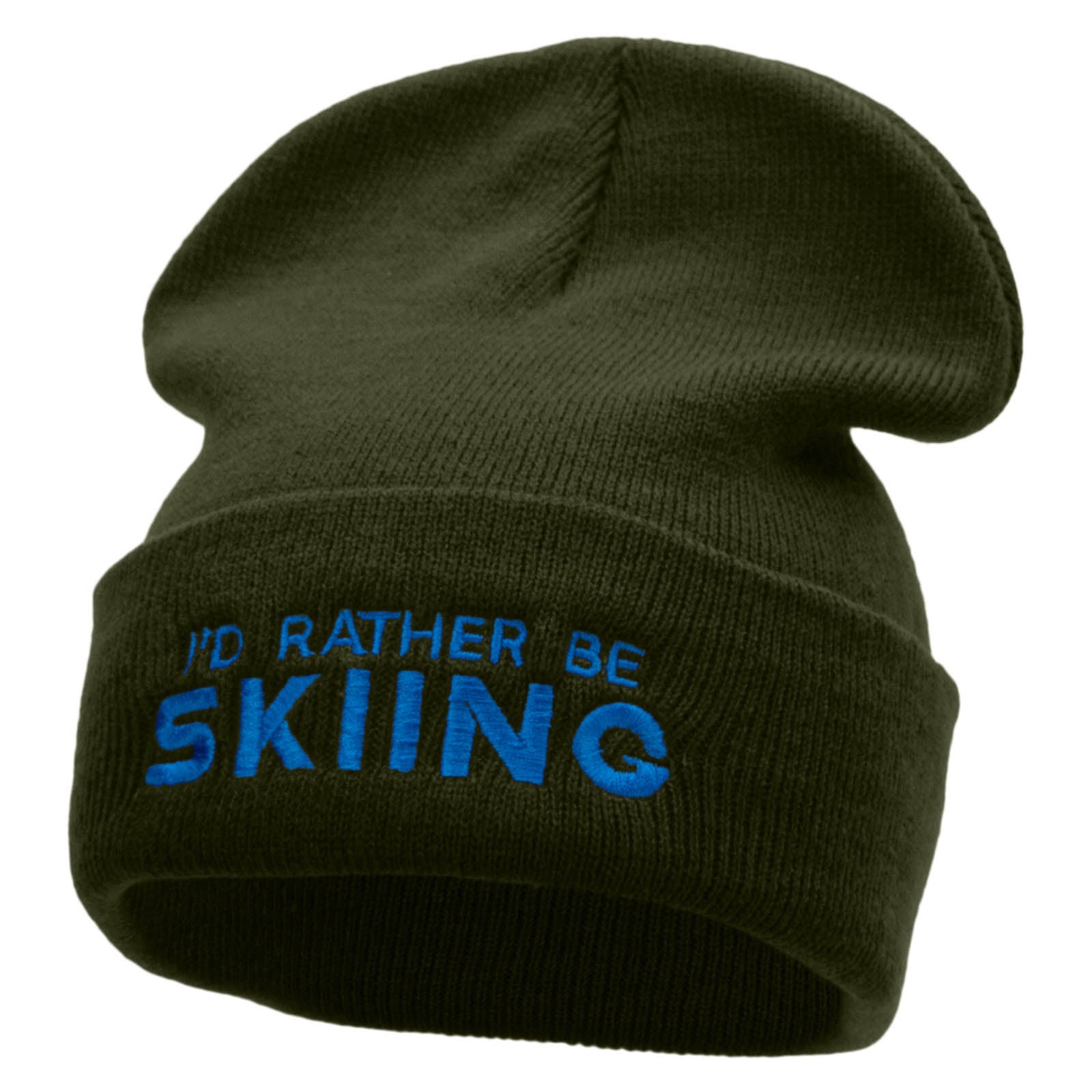 I&#039;d Rather Be Skiing Embroidered 12 Inch Long Knitted Beanie - Olive OSFM
