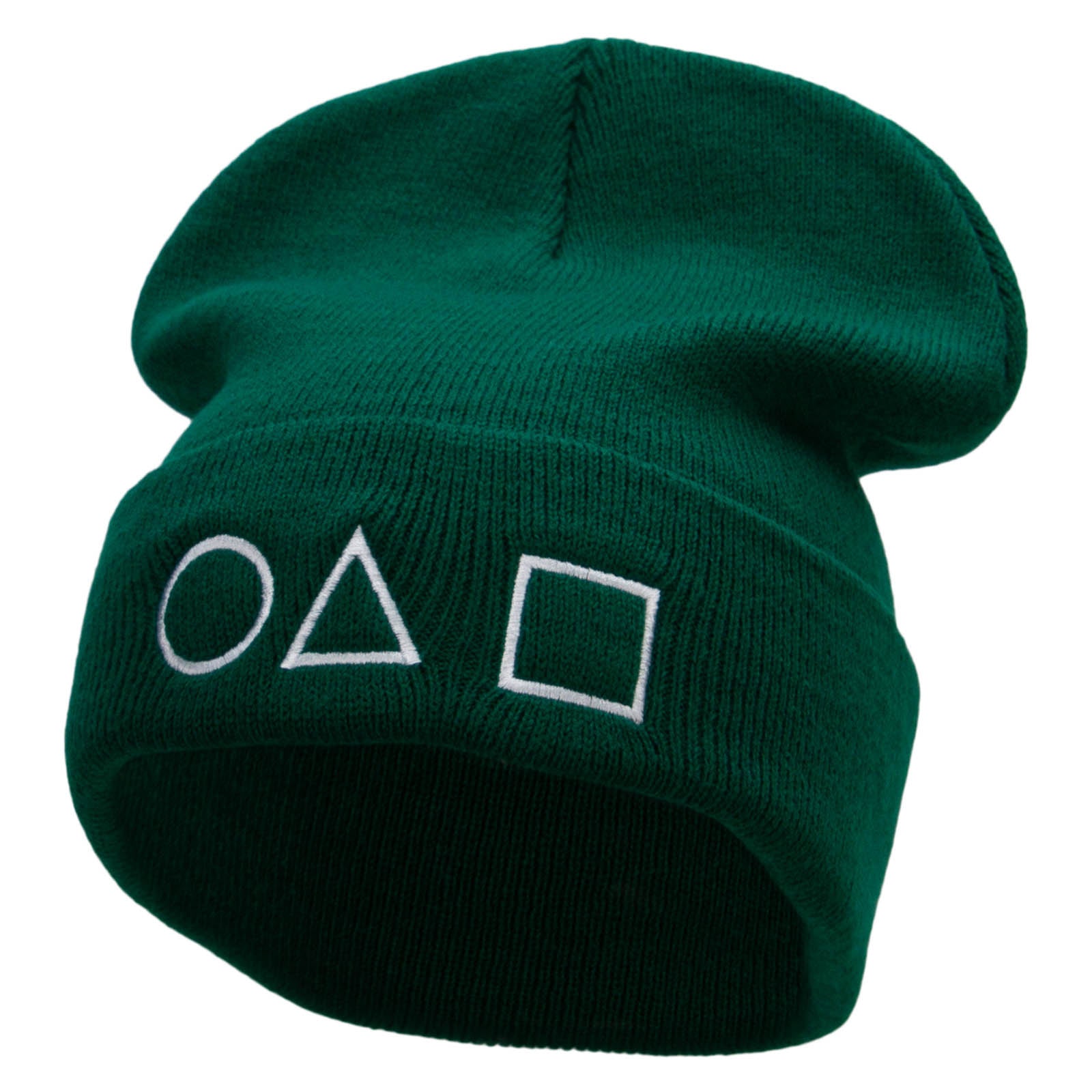 Circle Triangle Square Game Embroidered 12 Inch Long Knitted Beanie - Dk Green OSFM