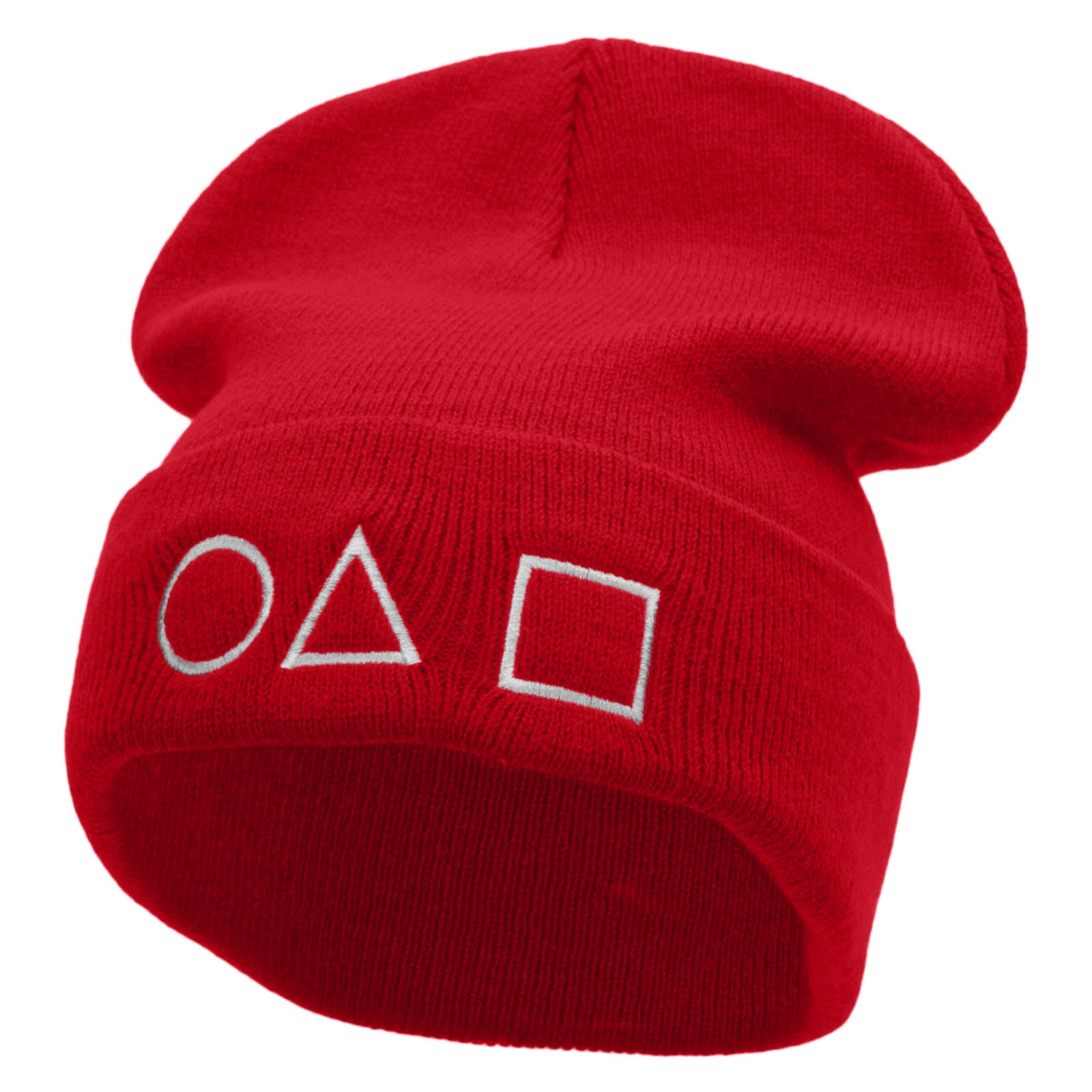 Circle Triangle Square Game Embroidered 12 Inch Long Knitted Beanie - Red OSFM