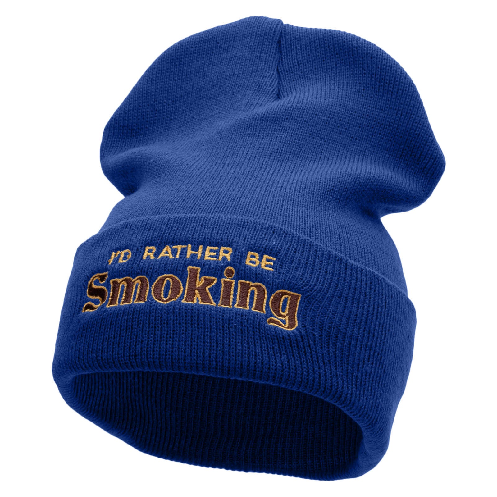 I&#039;d Rather Be Smoking Phrase Embroidered 12 Inch Solid Long Beanie Made in USA - Royal OSFM