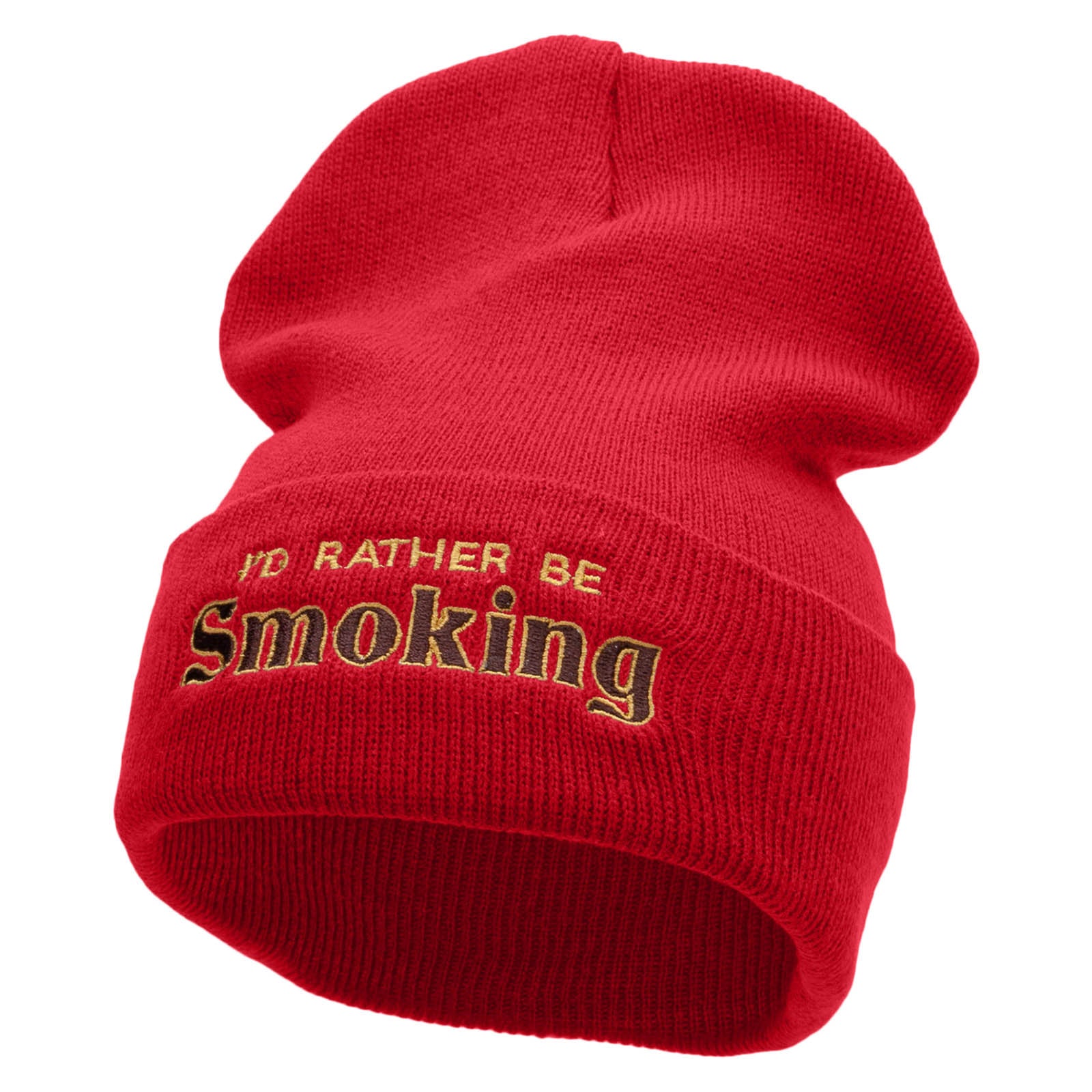 I&#039;d Rather Be Smoking Phrase Embroidered 12 Inch Solid Long Beanie Made in USA - Red OSFM
