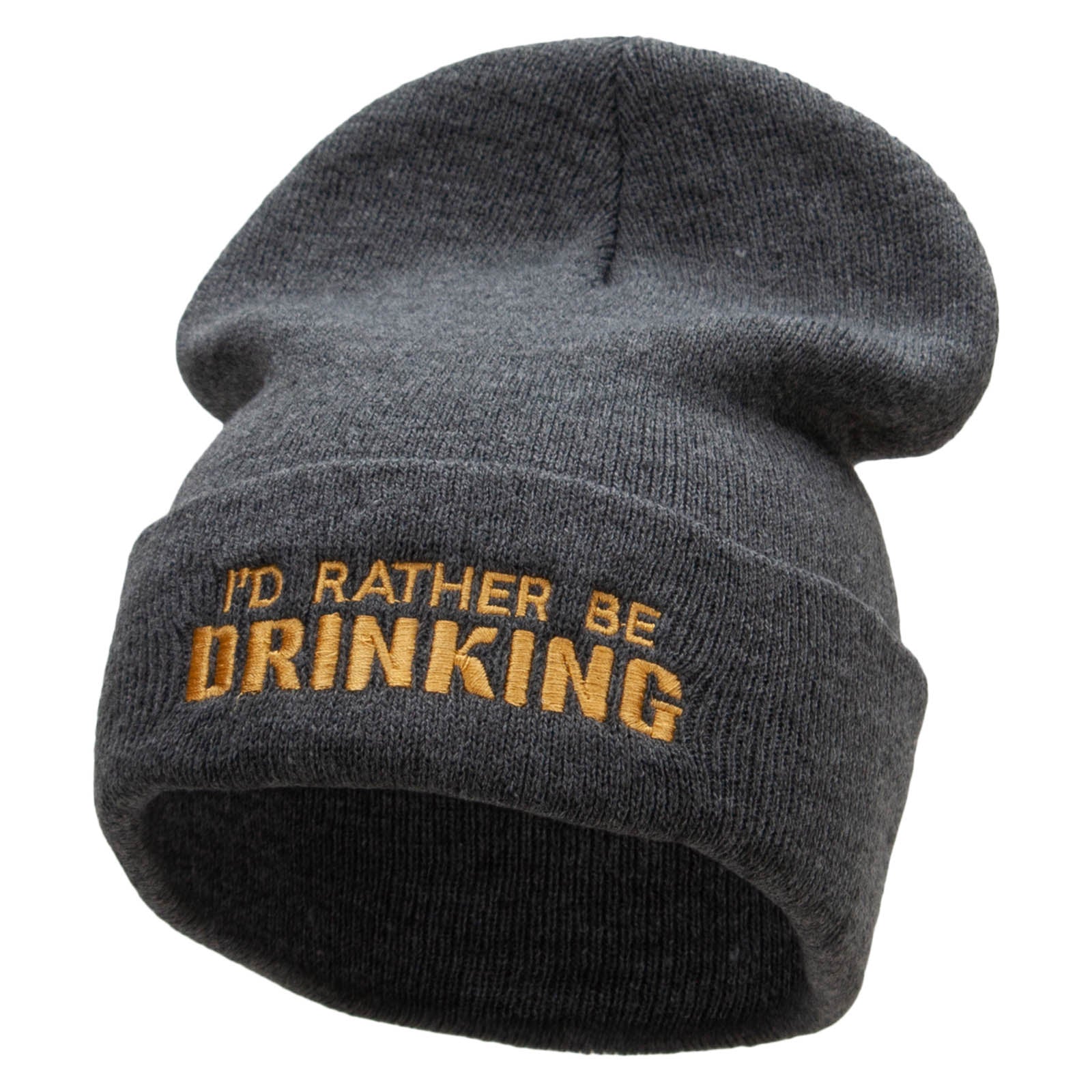 I &#039;d Rather Be Drinking Phrase Embroidered 12 Inch Long Knitted Beanie - Dk Grey OSFM