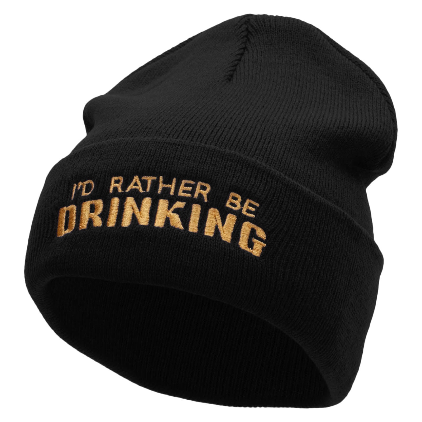 I &#039;d Rather Be Drinking Phrase Embroidered 12 Inch Long Knitted Beanie - Black OSFM