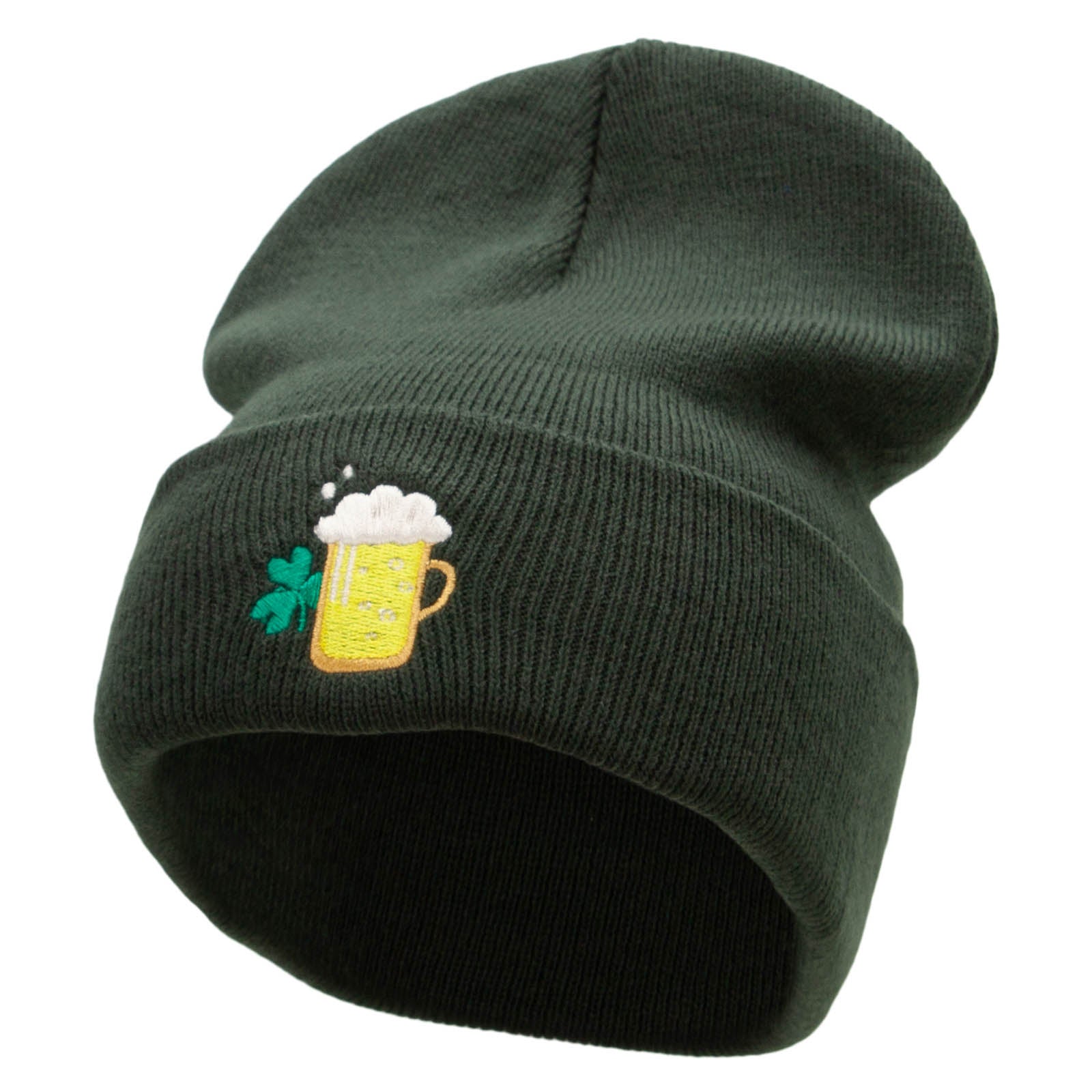 Lucky Beer Embroidered 12 Inch Long Knitted Beanie - Olive OSFM