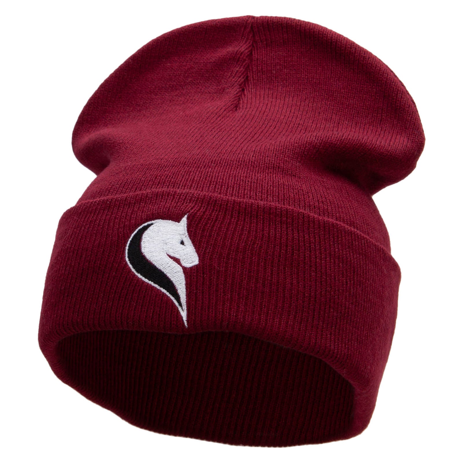 Horse Symbol Embroidered 12 Inch Long Knitted Beanie - Maroon OSFM