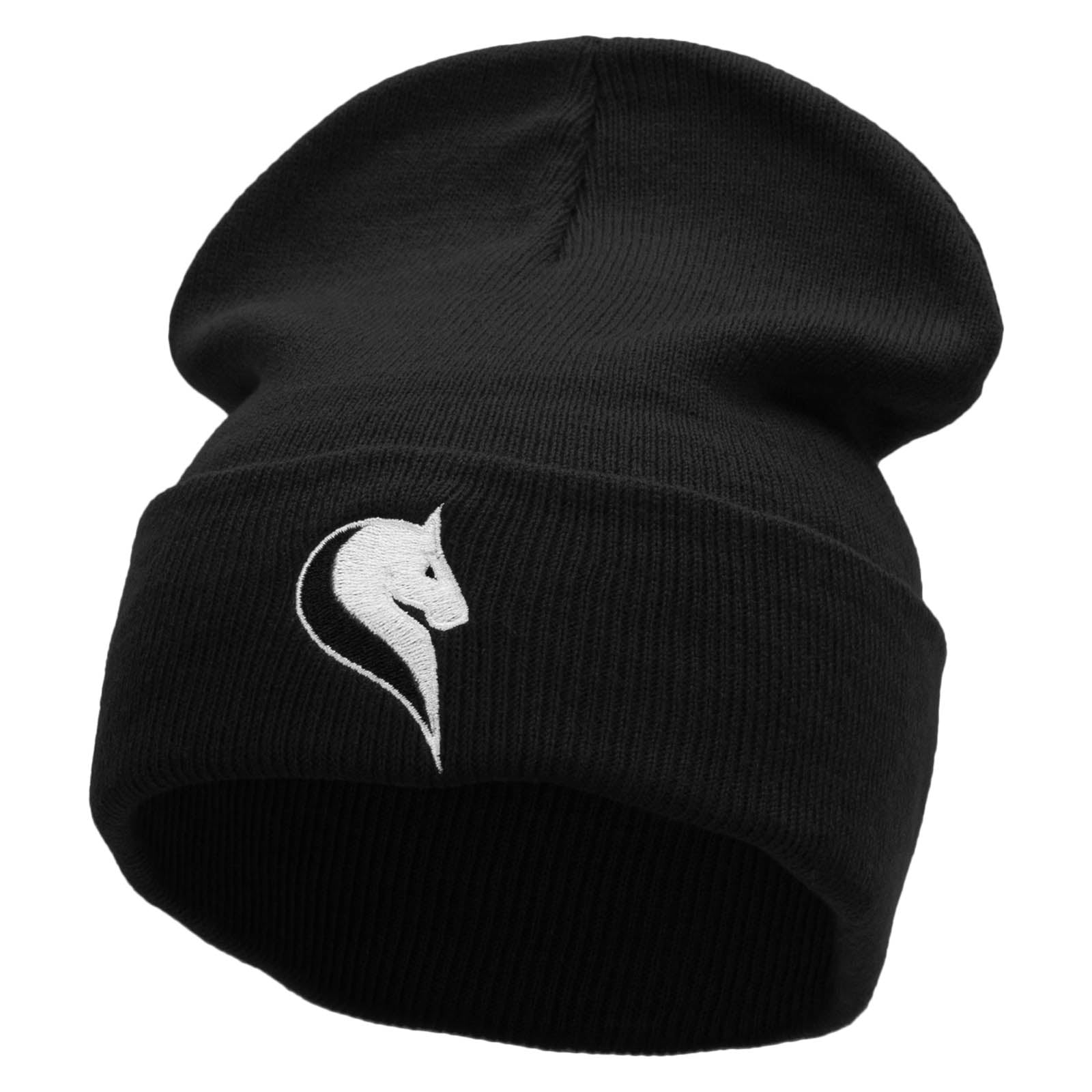 Horse Symbol Embroidered 12 Inch Long Knitted Beanie - Black OSFM