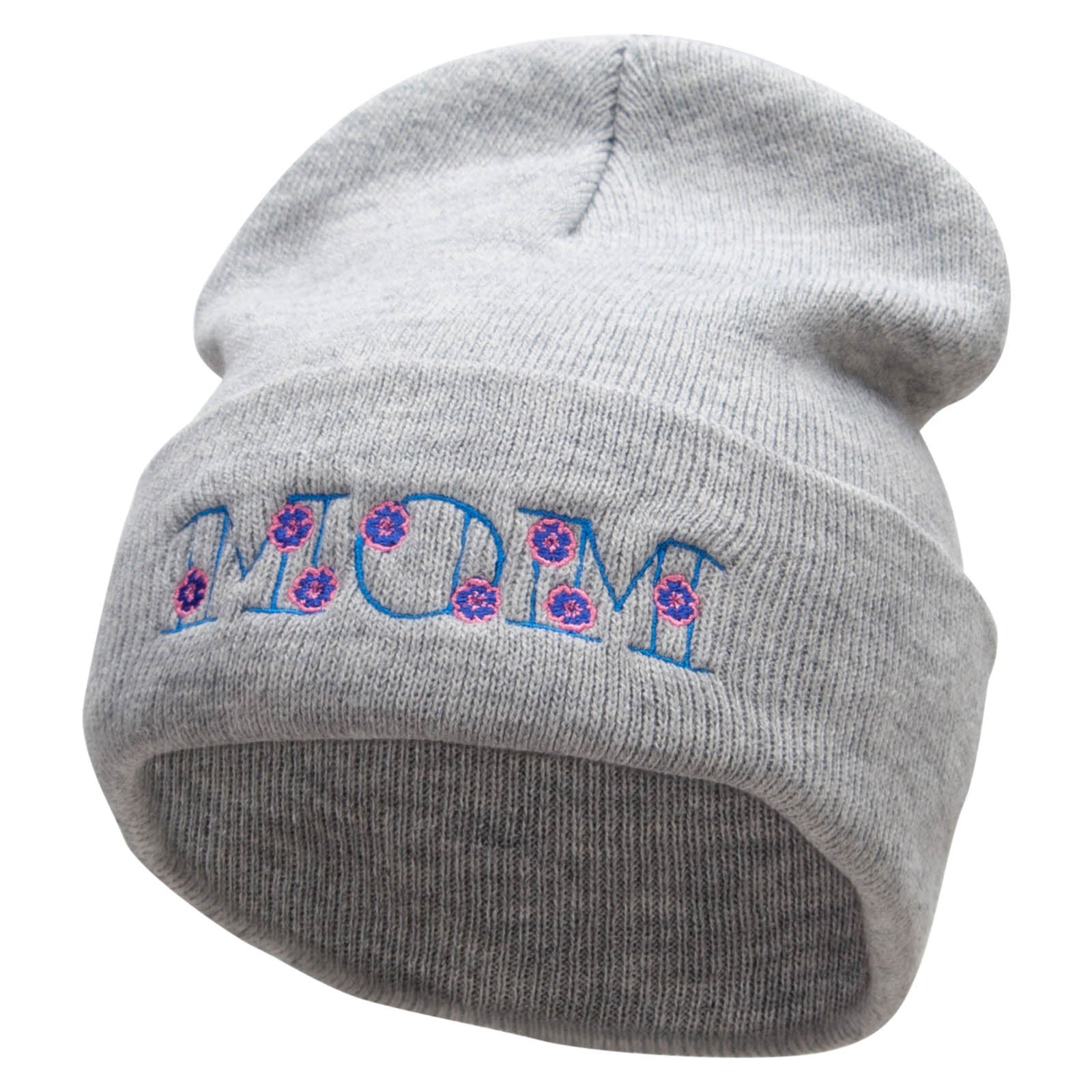 Floral Mom Embroidered 12 Inch Long Knitted Beanie - Heather Grey OSFM