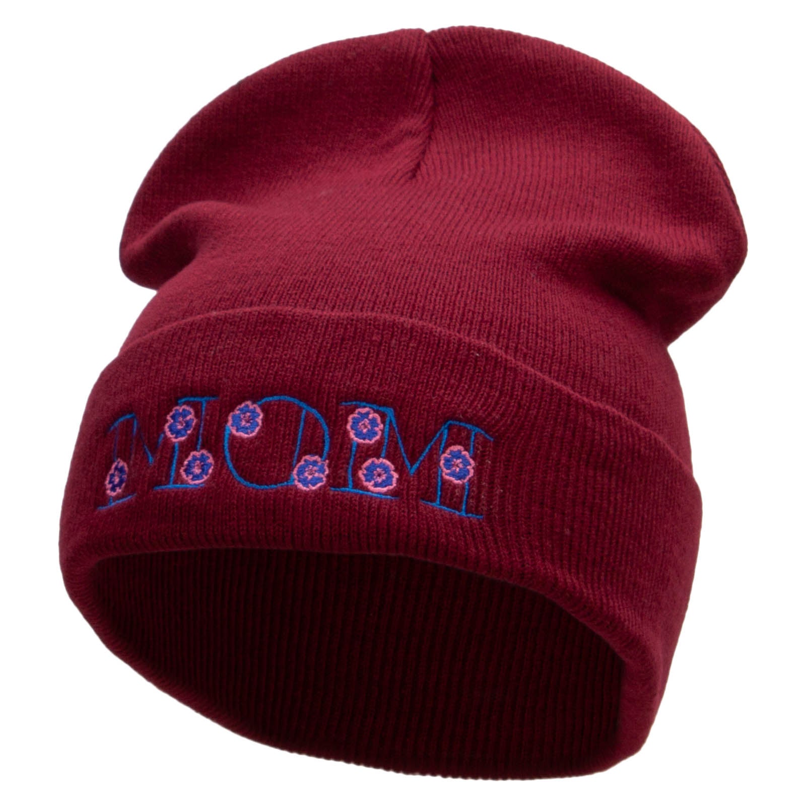 Floral Mom Embroidered 12 Inch Long Knitted Beanie - Maroon OSFM