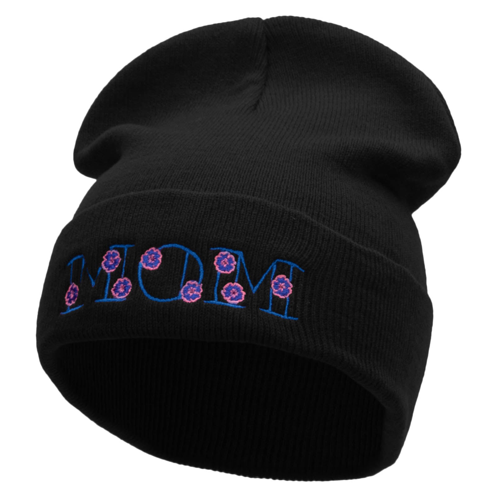 Floral Mom Embroidered 12 Inch Long Knitted Beanie - Black OSFM