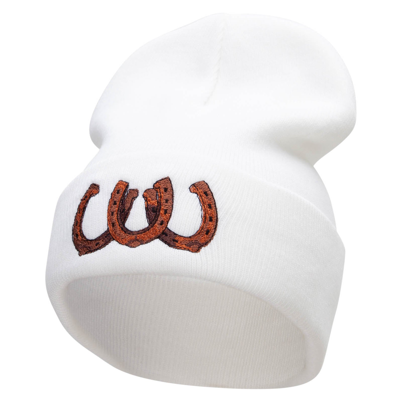 Triple Horse Shoe Embroidered 12 Inch Long Knitted Beanie - White OSFM