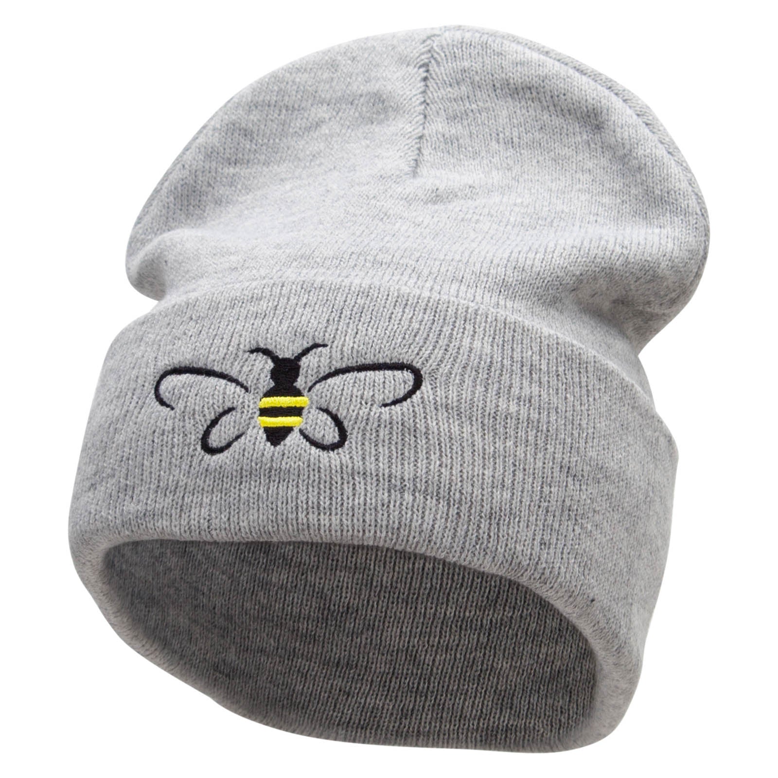 Bee Embroidered 12 Inch Long Knitted Beanie - Heather Grey OSFM