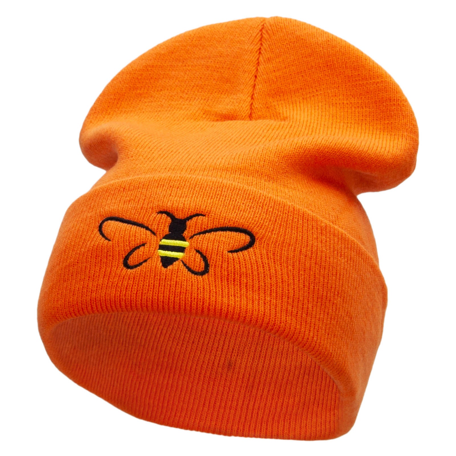 Bee Embroidered 12 Inch Long Knitted Beanie - Orange OSFM