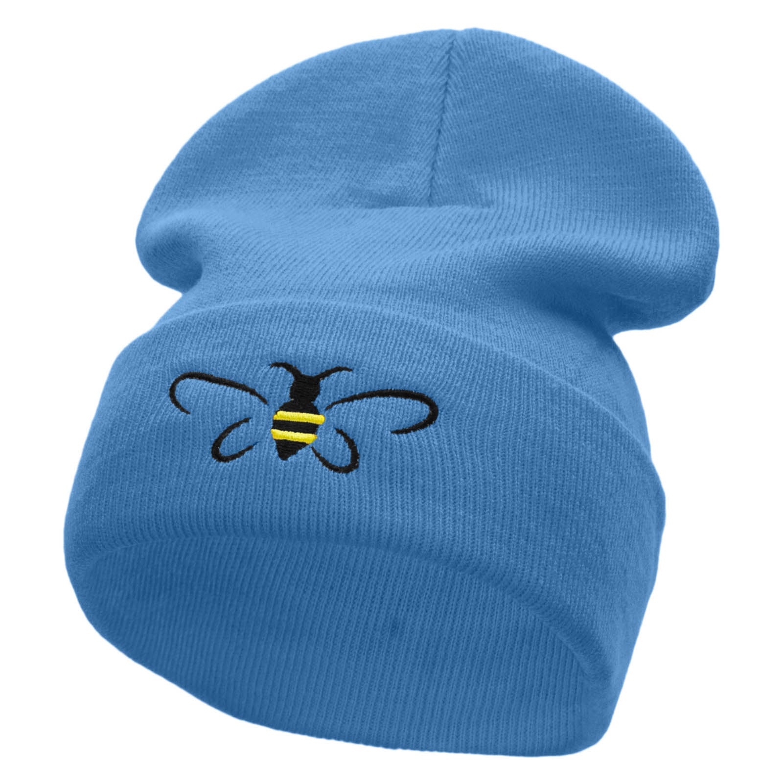 Bee Embroidered 12 Inch Long Knitted Beanie - Sky Blue OSFM