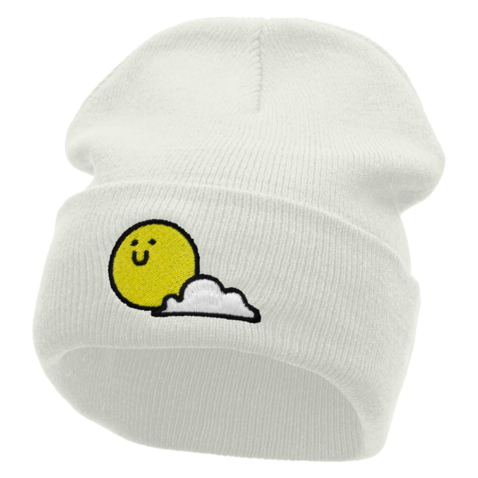 Sunny Smile Embroidered 12 Inch Long Knitted Beanie - White OSFM