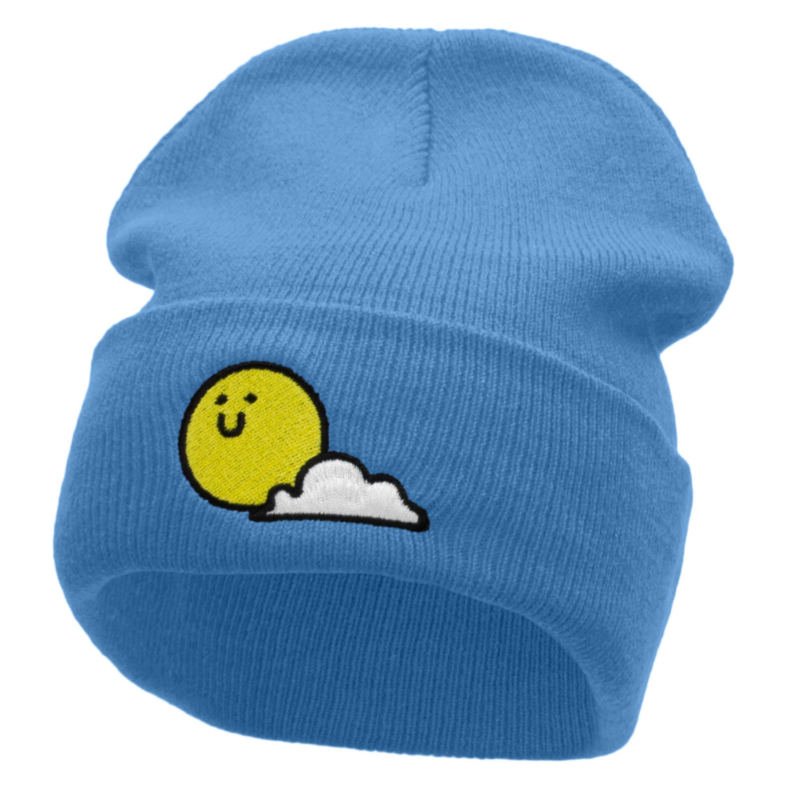 Sunny Smile Embroidered 12 Inch Long Knitted Beanie - Sky Blue OSFM