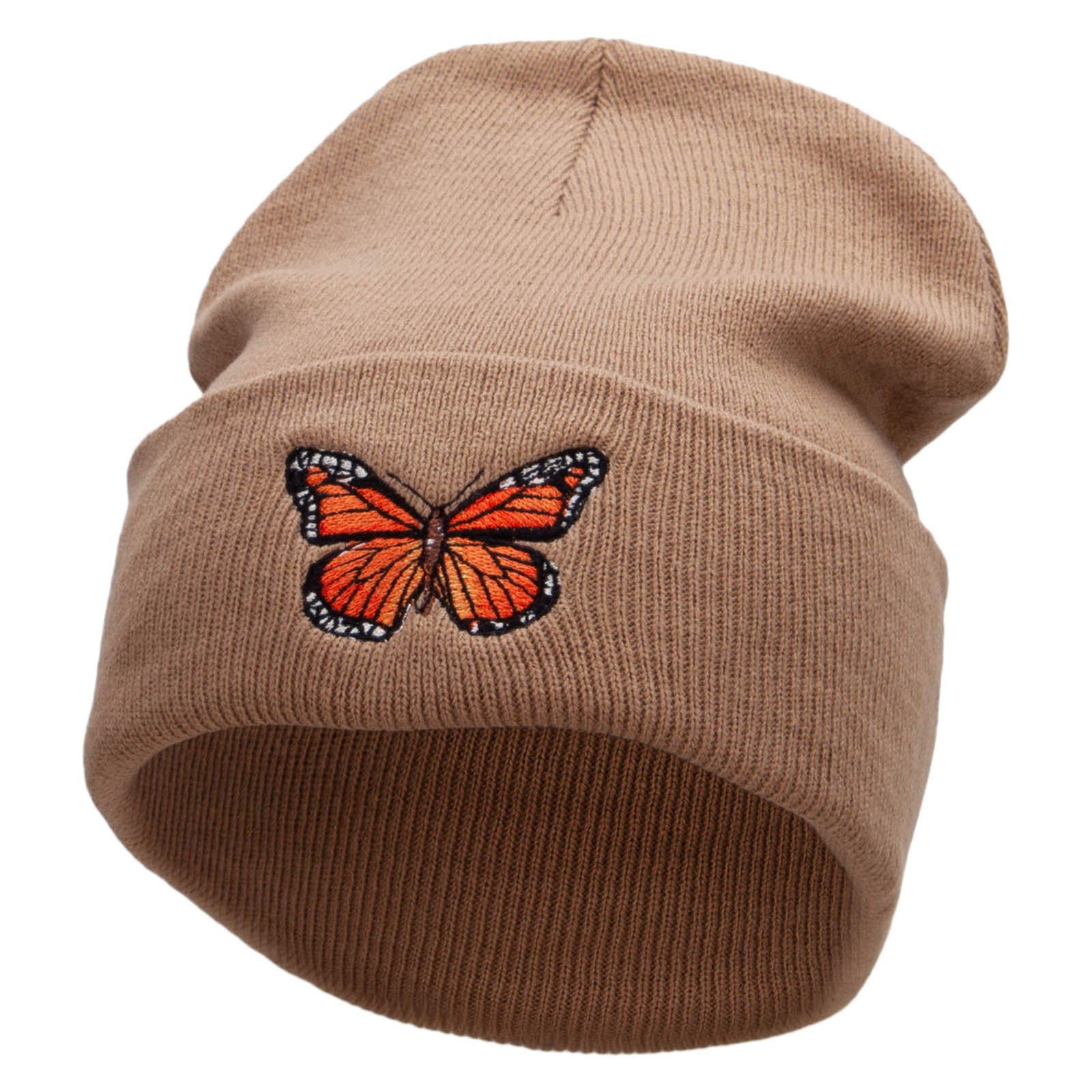 The Monarch Butterfly Embroidered 12 inch Acrylic Cuffed Long Beanie - Khaki OSFM