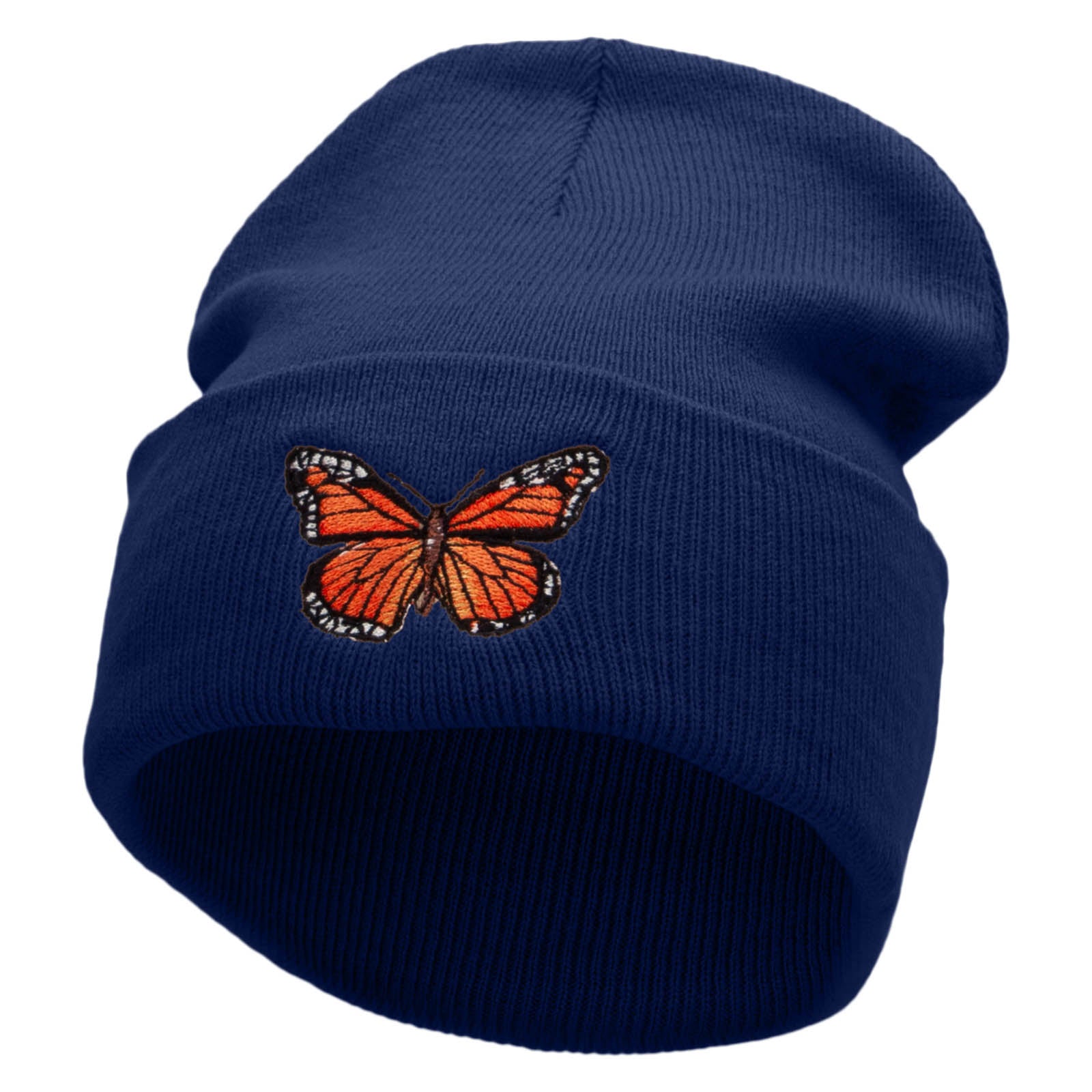 The Monarch Butterfly Embroidered 12 inch Acrylic Cuffed Long Beanie - Navy OSFM