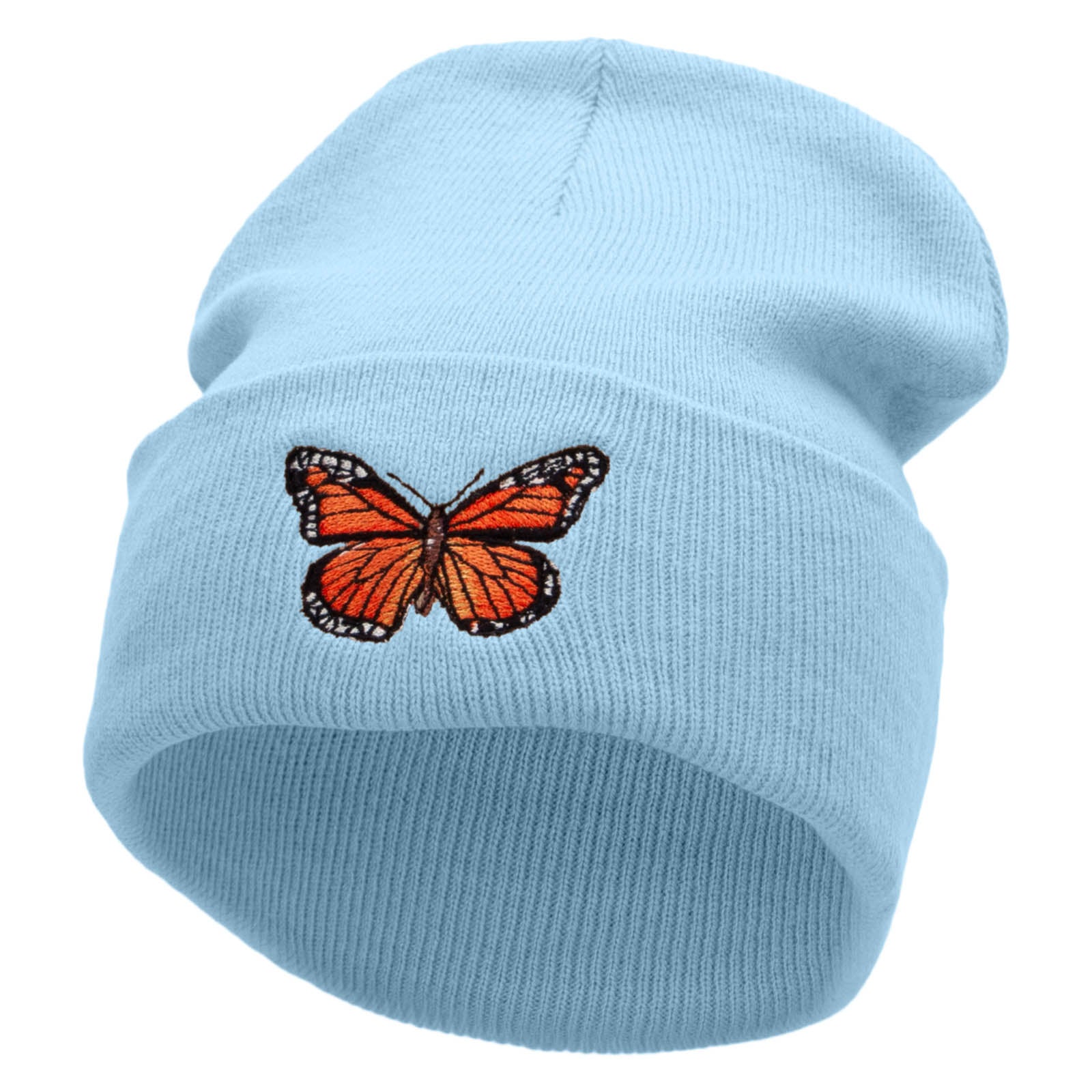 The Monarch Butterfly Embroidered 12 inch Acrylic Cuffed Long Beanie - Lt Blue OSFM