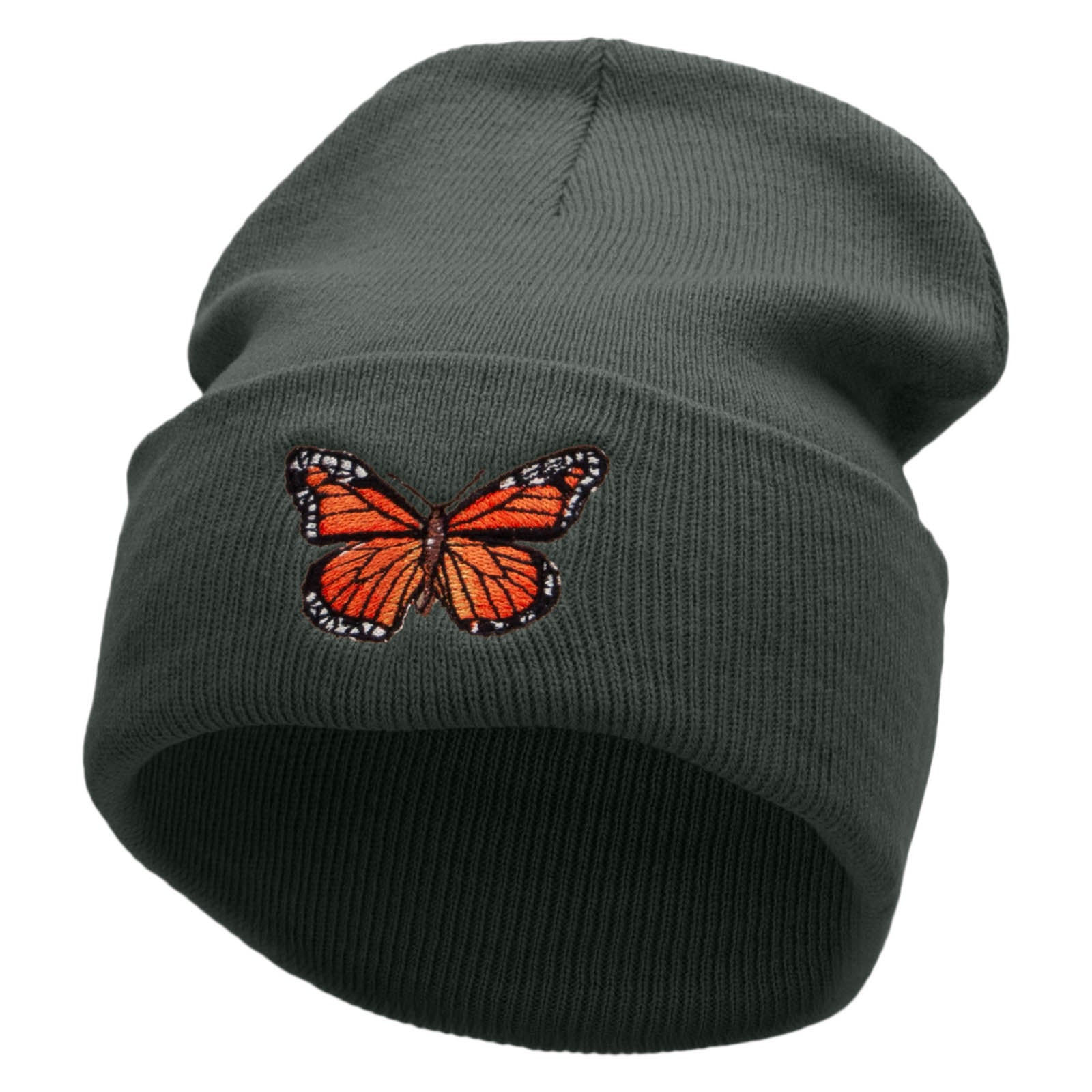 The Monarch Butterfly Embroidered 12 inch Acrylic Cuffed Long Beanie - Charcoal OSFM