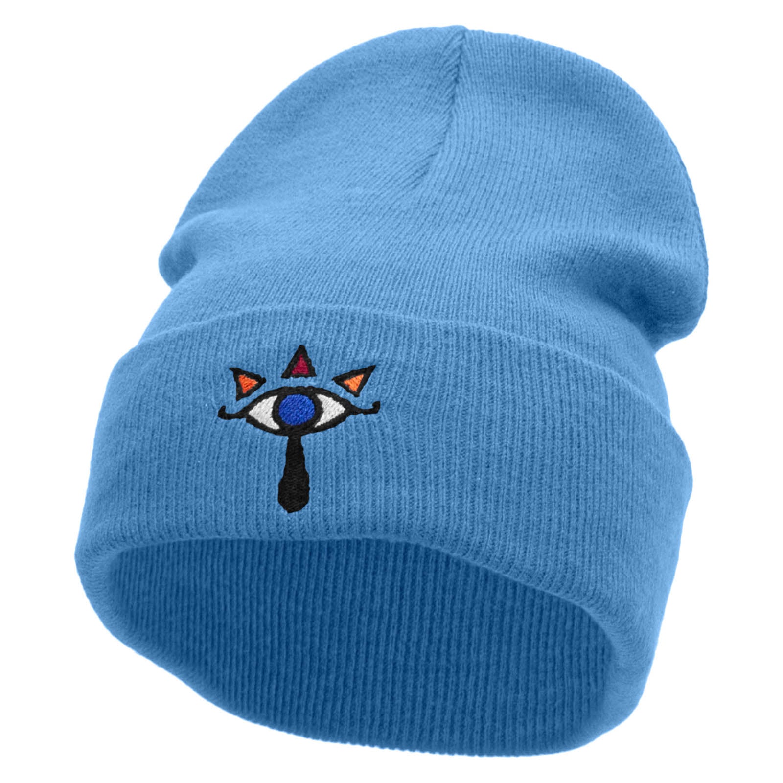 Eye Crest Embroidered 12 Inch Long Knitted Beanie - Sky Blue OSFM