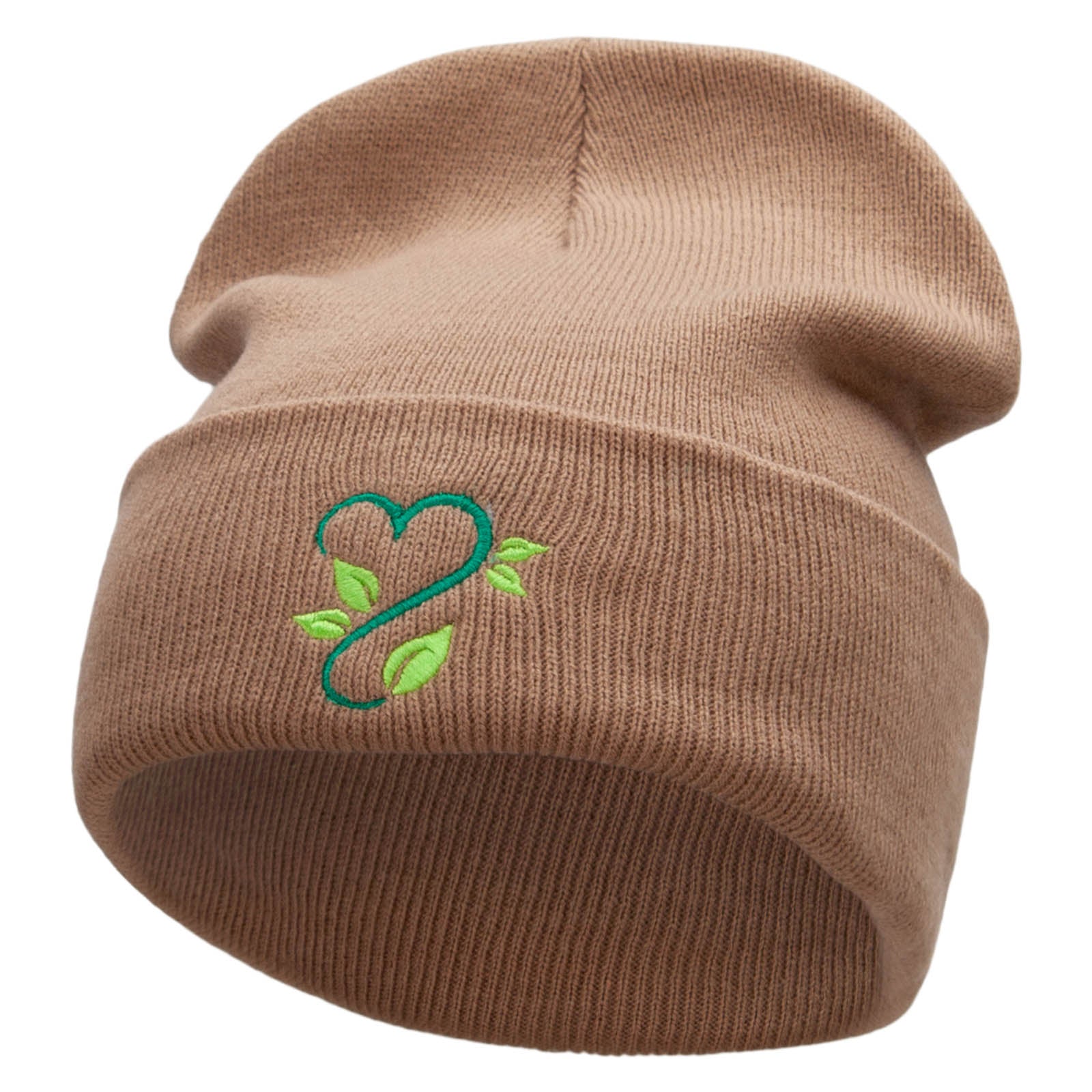 Vine of Love Embroidered 12 inch Acrylic Cuffed Long Beanie - Khaki OSFM