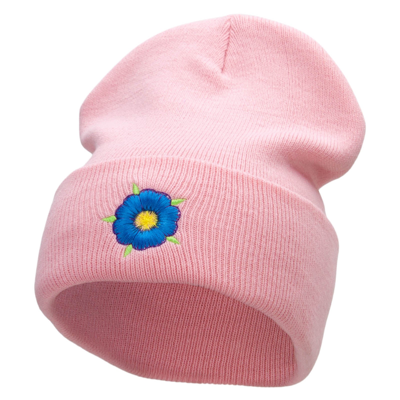 Blue Flower Embroidered 12 inch Acrylic Cuffed Long Beanie - Pink OSFM