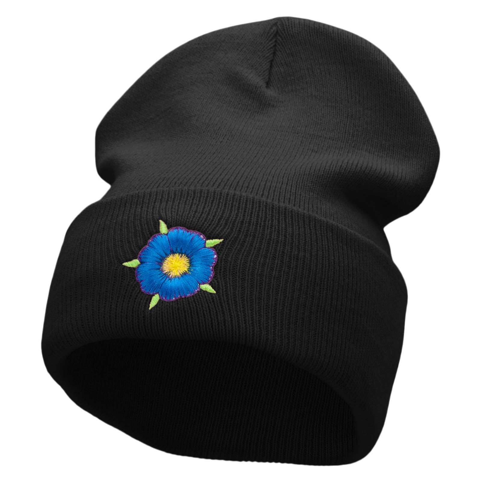 Blue Flower Embroidered 12 inch Acrylic Cuffed Long Beanie - Black OSFM