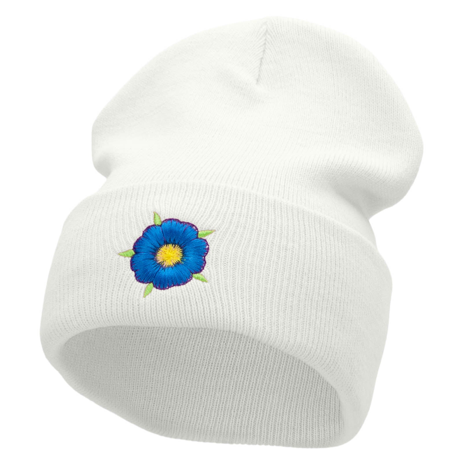Blue Flower Embroidered 12 inch Acrylic Cuffed Long Beanie - White OSFM