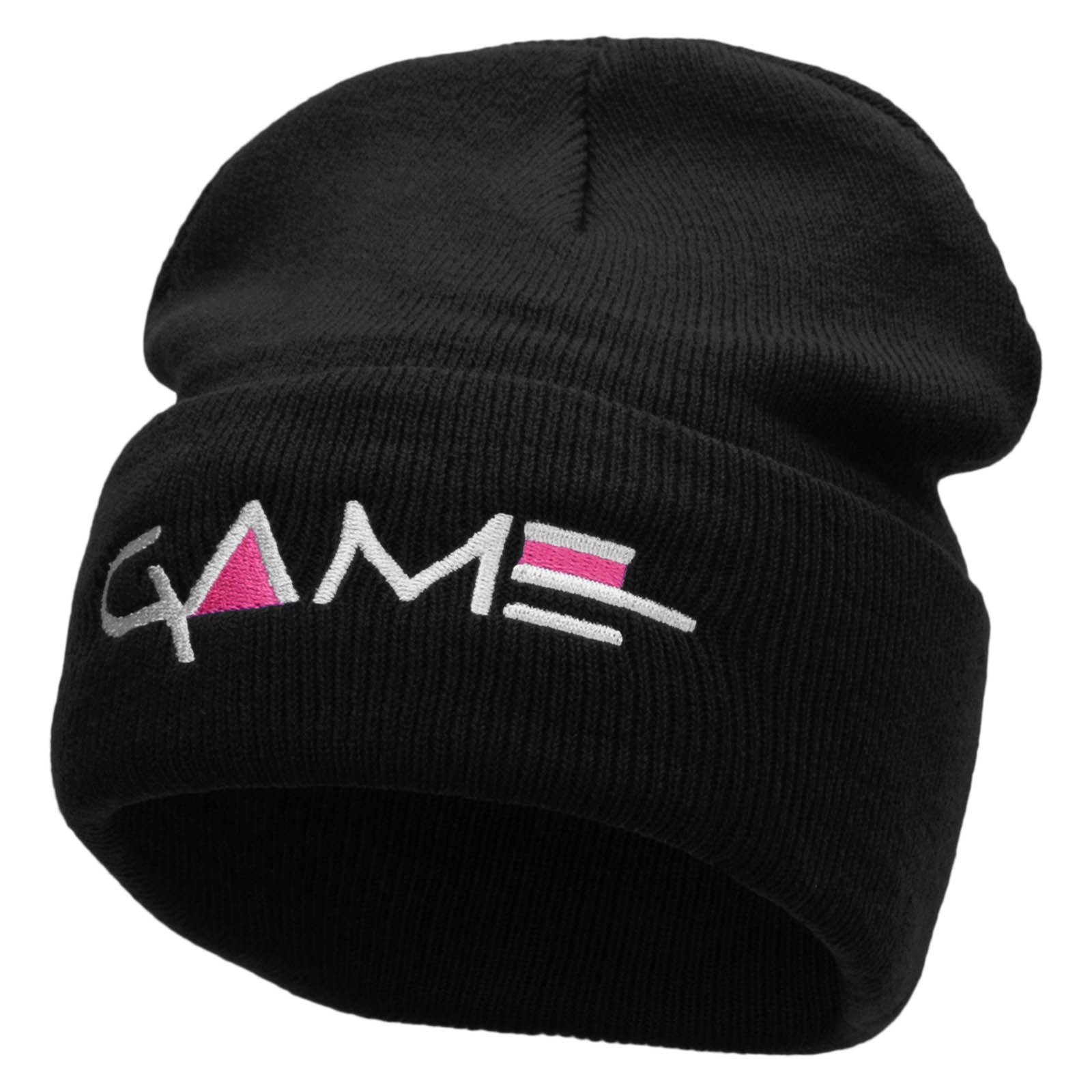 Game Embroidered 12 Inch Long Knitted Beanie - Black OSFM