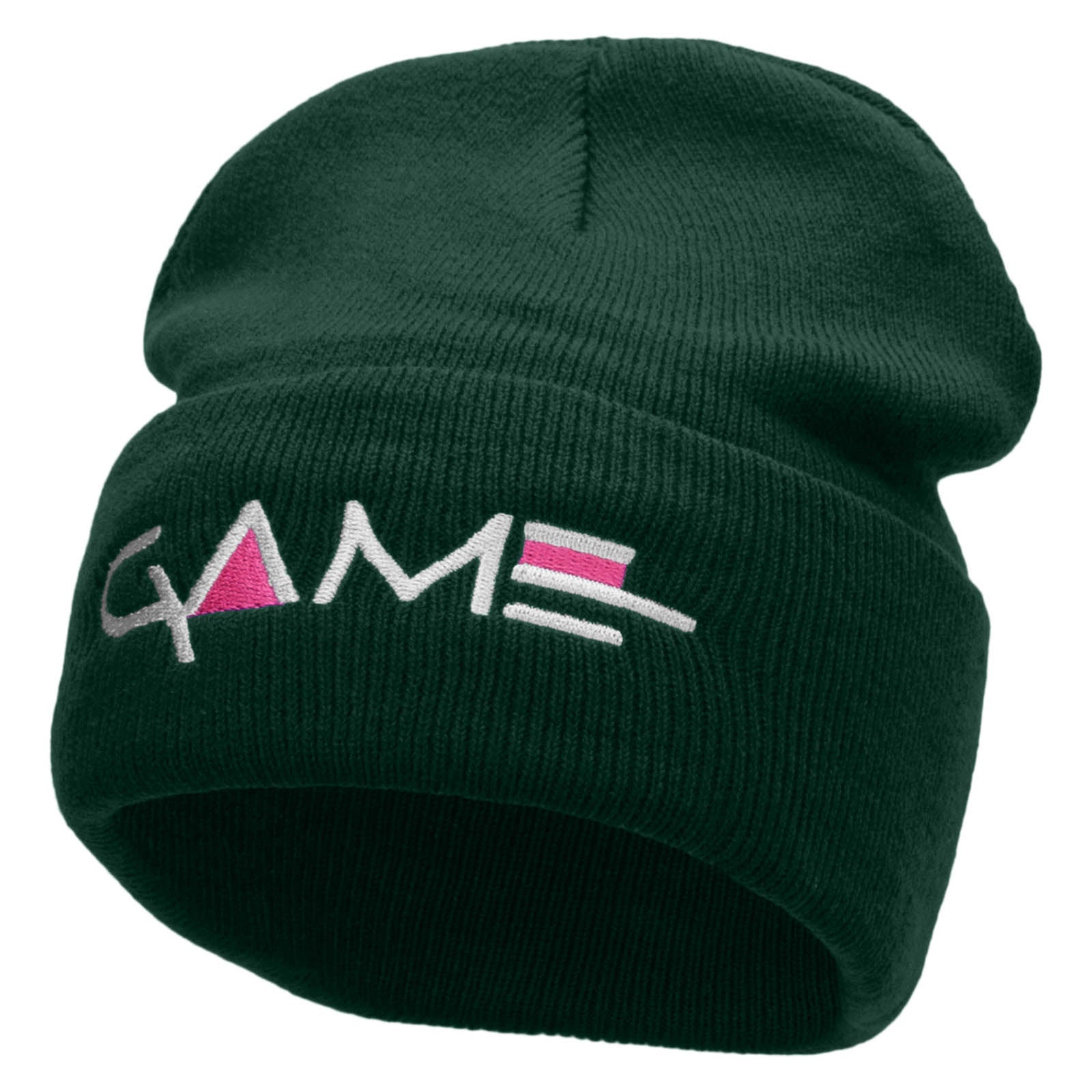Game Embroidered 12 Inch Long Knitted Beanie - Dk Green OSFM