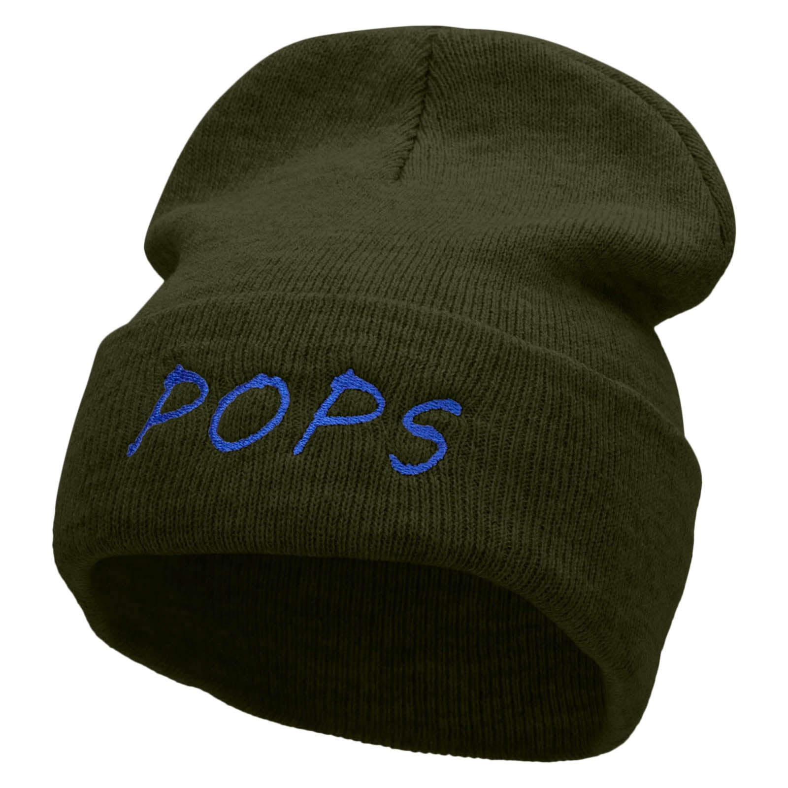 Pops Embroidered 12 Inch Long Knitted Beanie - Olive OSFM