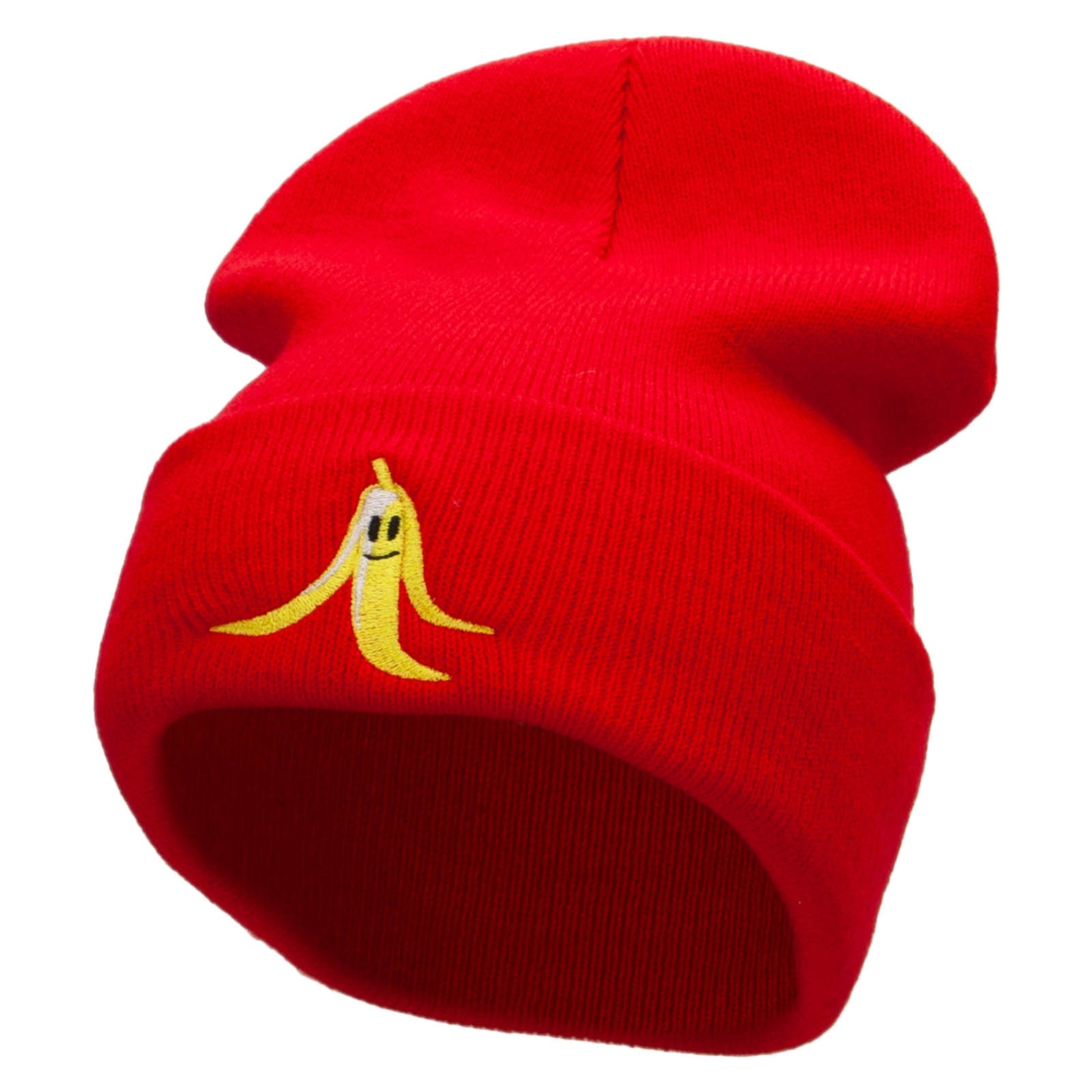 Banana Smile Embroidered 12 Inch Long Knitted Beanie - Red OSFM