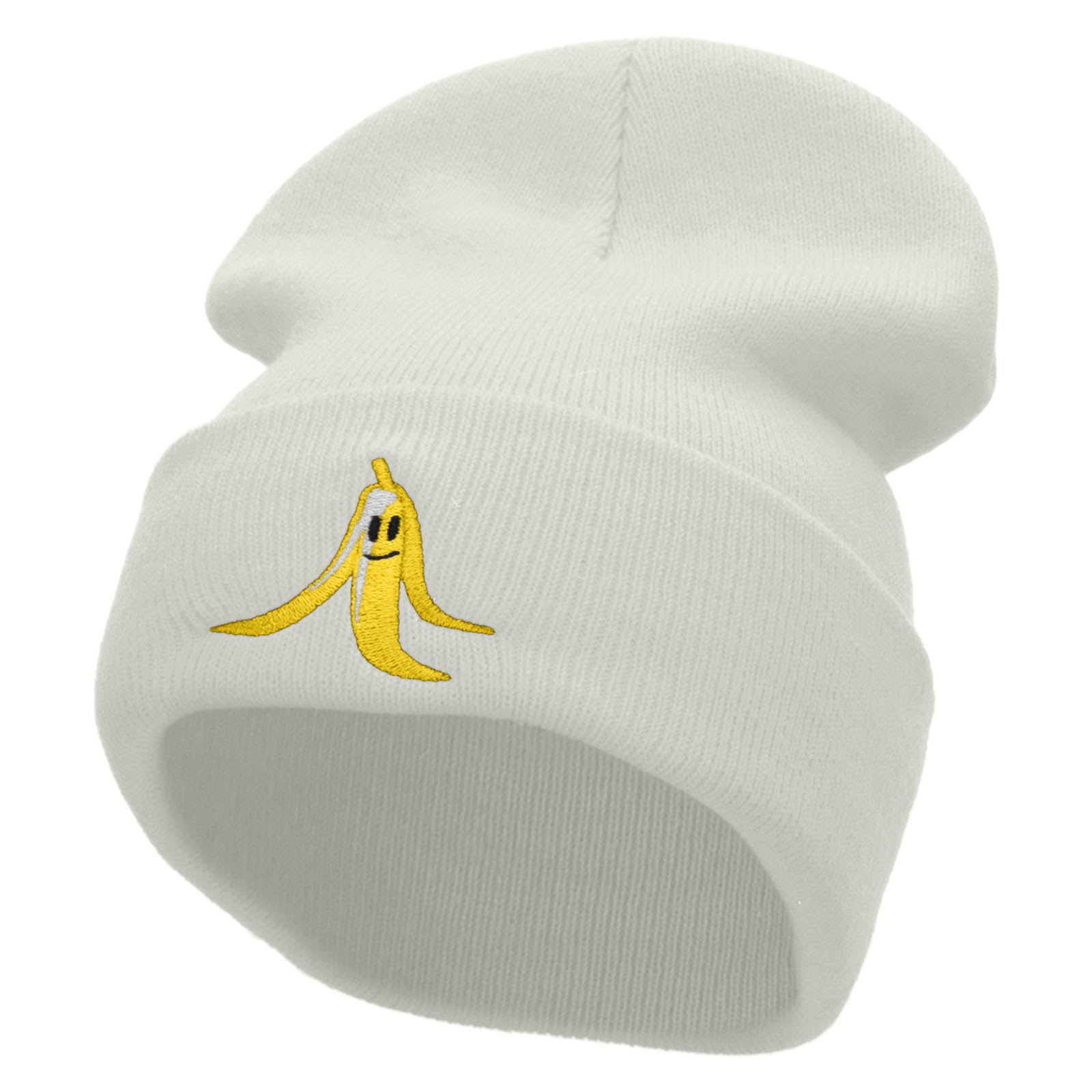 Banana Smile Embroidered 12 Inch Long Knitted Beanie - White OSFM