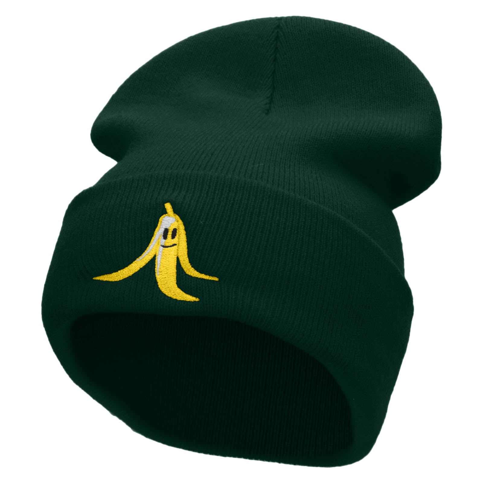 Banana Smile Embroidered 12 Inch Long Knitted Beanie - Dk Green OSFM